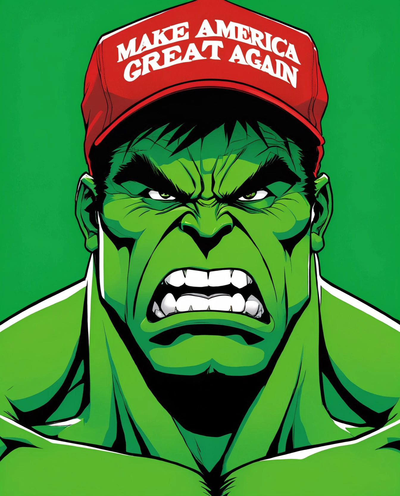 man wearing red maga hat. upper body. anime cartoon illustration. comics style. green hulk in rage. professional. photo. high quality. highres. ([:hat with text "make america great again":0.25]:1.1). <lora:maga_hat_optimized:0.95>