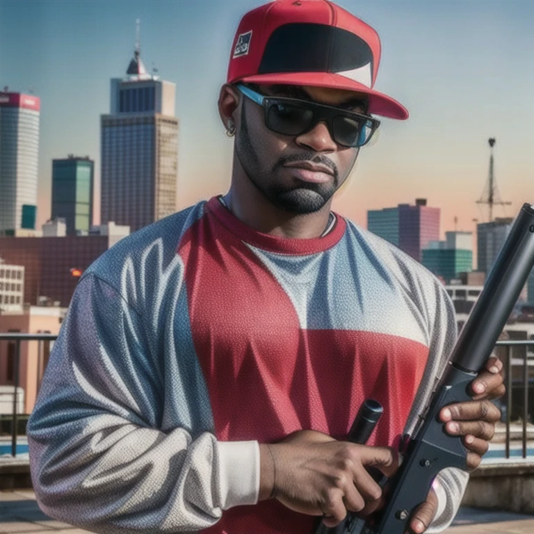 masterpiece, best_quality, 1male, solo, human, koopsta, sunglasses, <lora:y-Koopsta:0.8>, gun_on_back, back_weapon, half-length_portrait, memphis, city, art, digital_media_\(artwork\),