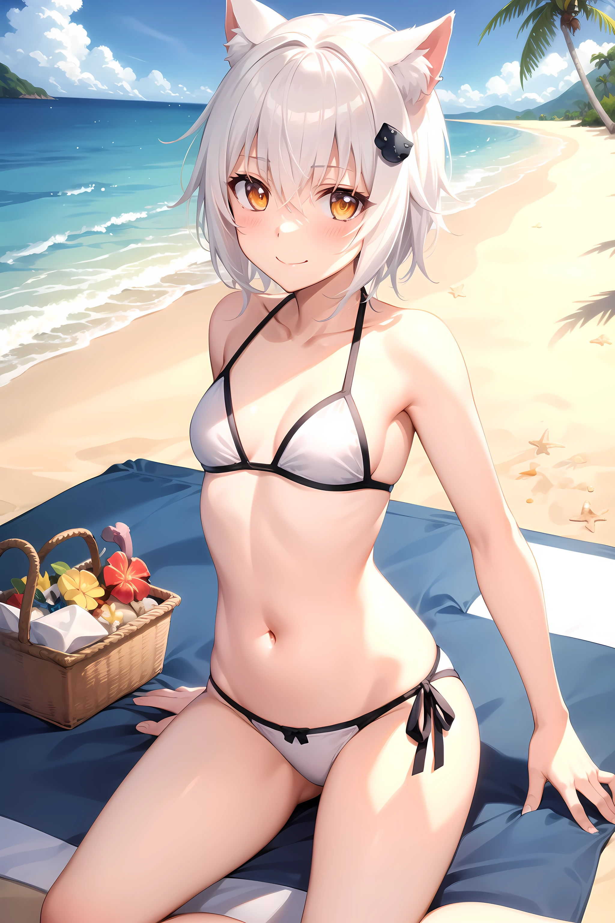 best quality, masterpiece, detailed,
<lora:HighSchoolDxD_ToujoKoneko:0.8>, ToujoKoneko,
1girl, closed mouth, light smile, blush,
white hair, yellow eyes, short hair, cat ears, cat hair ornament,
white bikini, small breasts,
looking at viewer,
beach, water, palm