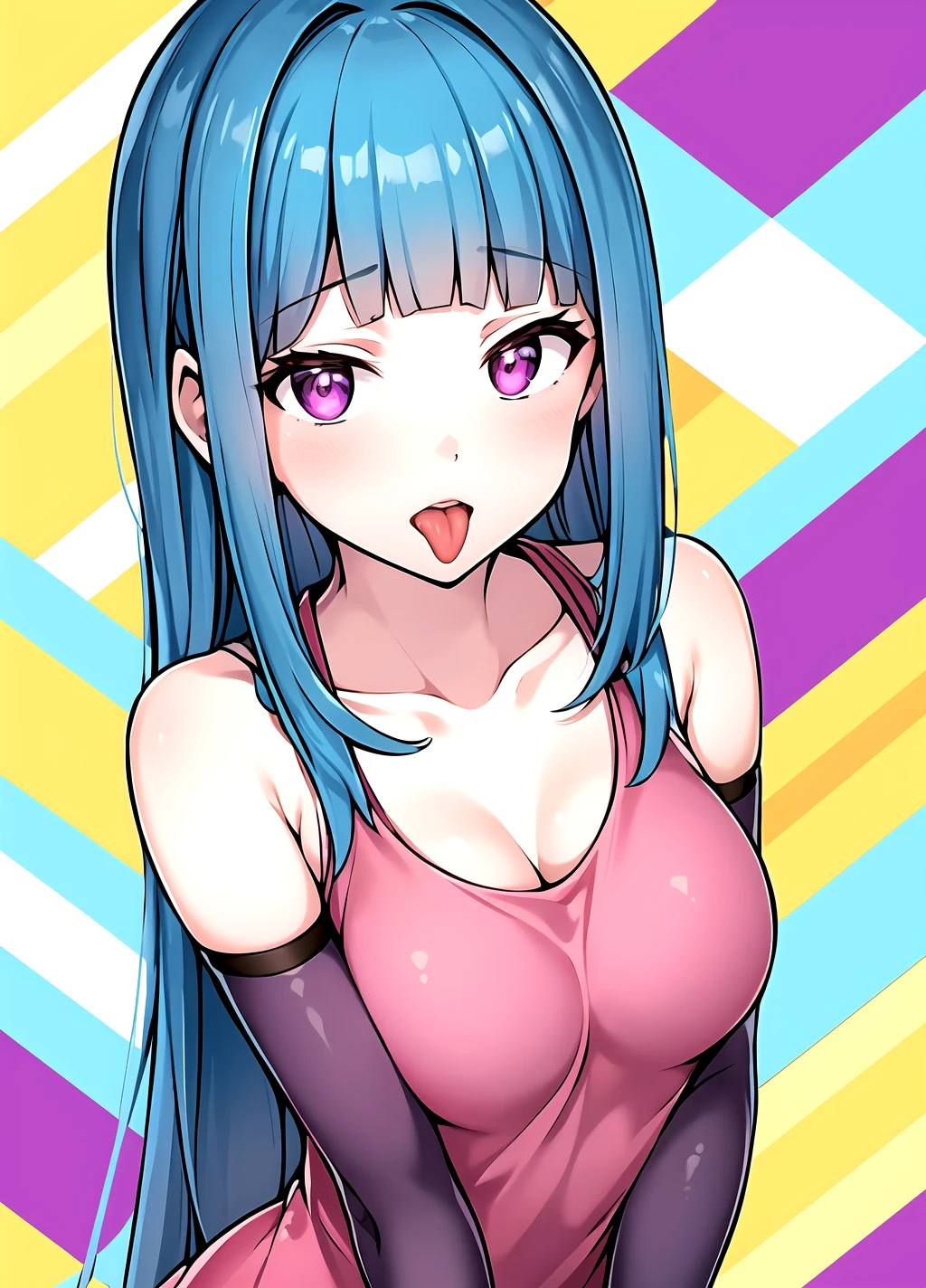masterpiece, best quality, <lora:ME!ME!ME! anylora20r22r25r60-000007:0.7>, MEMEME, 1girl, tongue, solo, blue hair, tongue out, open mouth, long hair, purple eyes, bangs, looking at viewer, blunt bangs, collarbone, yellow background, bare shoulders, breast, dress, thighhighs, pink dress, bare shoulders, pink gloves, striped background, medium breasts, upper body