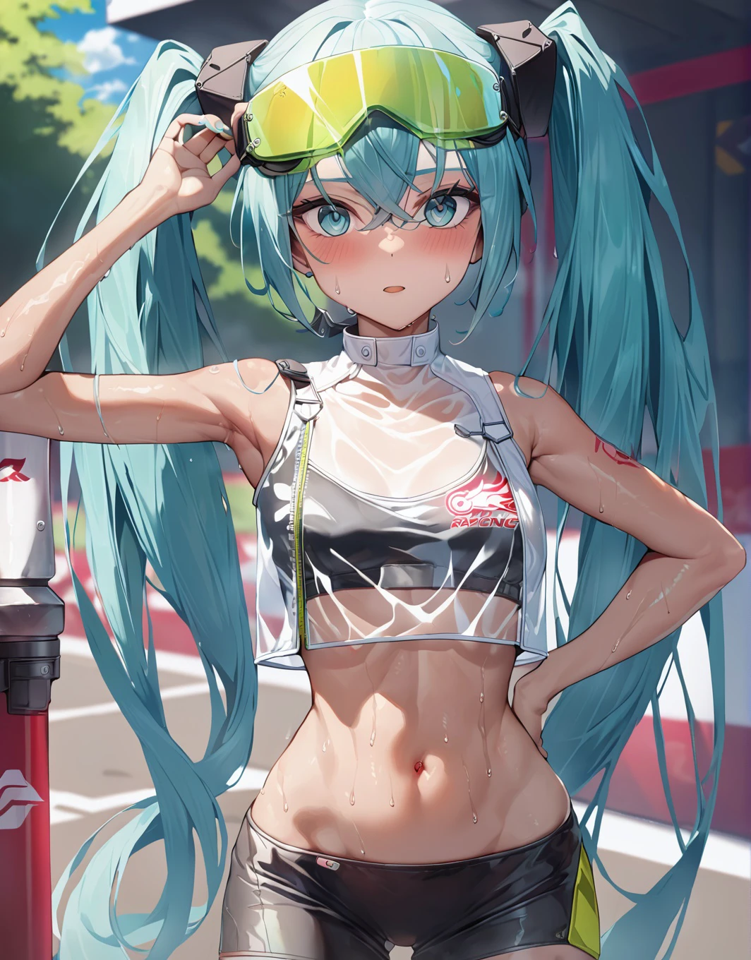 masterpiece, best quality,1girl,racing miku,aqua hair, aqua eyes, long hair, twintails, goodsmile racing,tan,black shorts,crop top,cropped vest,goggles on head,see-through, short shorts,small breasts, stomach,navel,sweat, looking at viewer, outdoors, cowboy shot