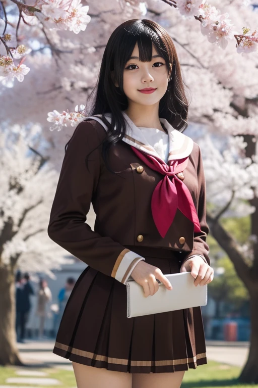 ltra-detailed,highly detailed,best quality,masterpiece,illustration,realistic,photorealistic,
1girl, solo, cosplay, 
kitauji high school uniform, serafuku, neckerchief, sailor collar, long sleeves, pleated skirt, 
looking at viewer, smile, standing, cowboy shot, 
outdoors, cherry blossoms, photo background, tree, day, flower, 
 <lora:kitauji high school uniform_v1_05:0.8>