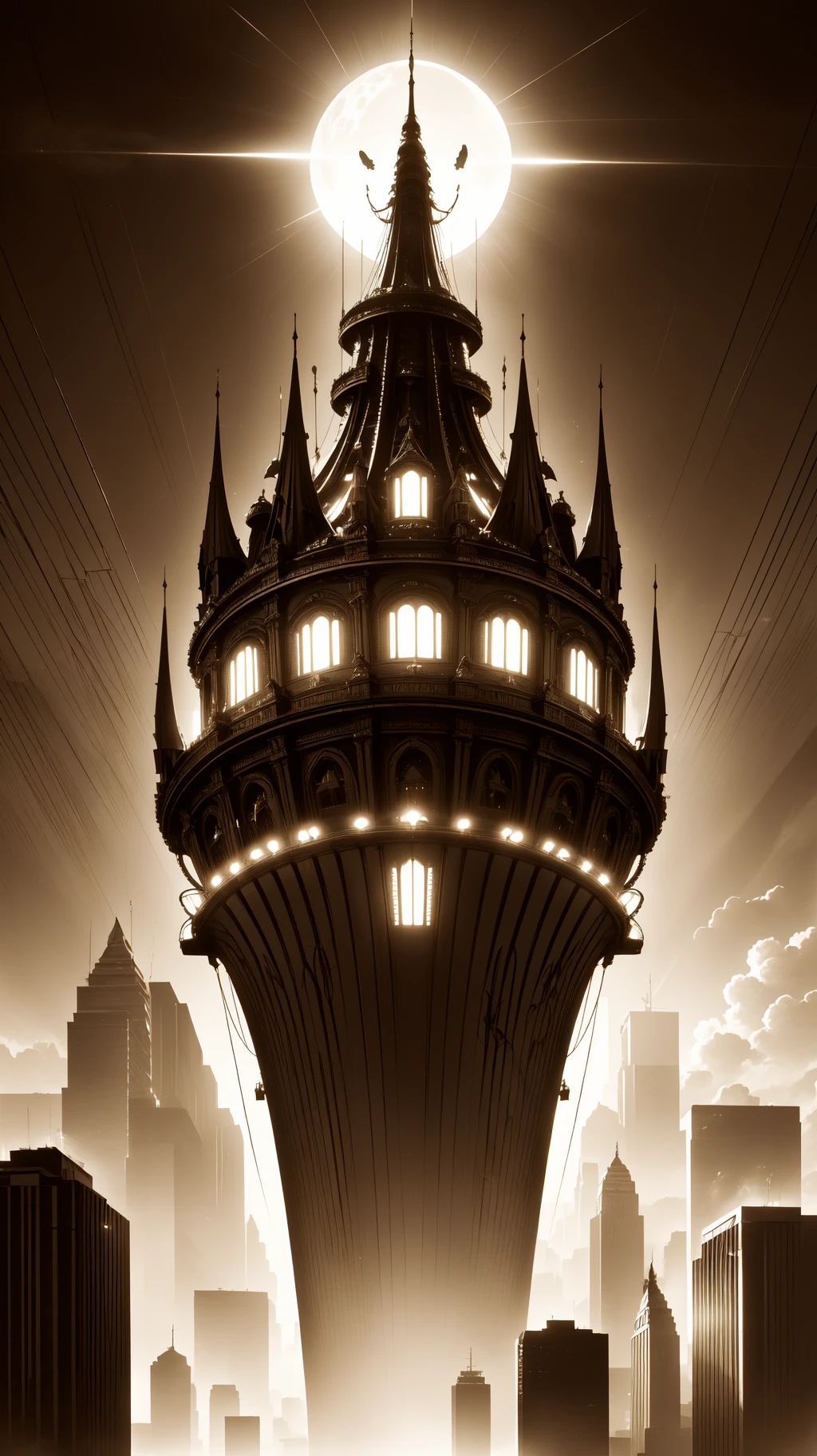 An art deco skyscraper, metropolis theme, spotlights, airship, night, lights, epic, sepia toned, uhd, high contrast, deep shadows, (intricate details:1.2), 8k, 32k, bright and vivid colors, (intense lighting: 1.3), award winning masterpiece, extremely detailed, cinematic,