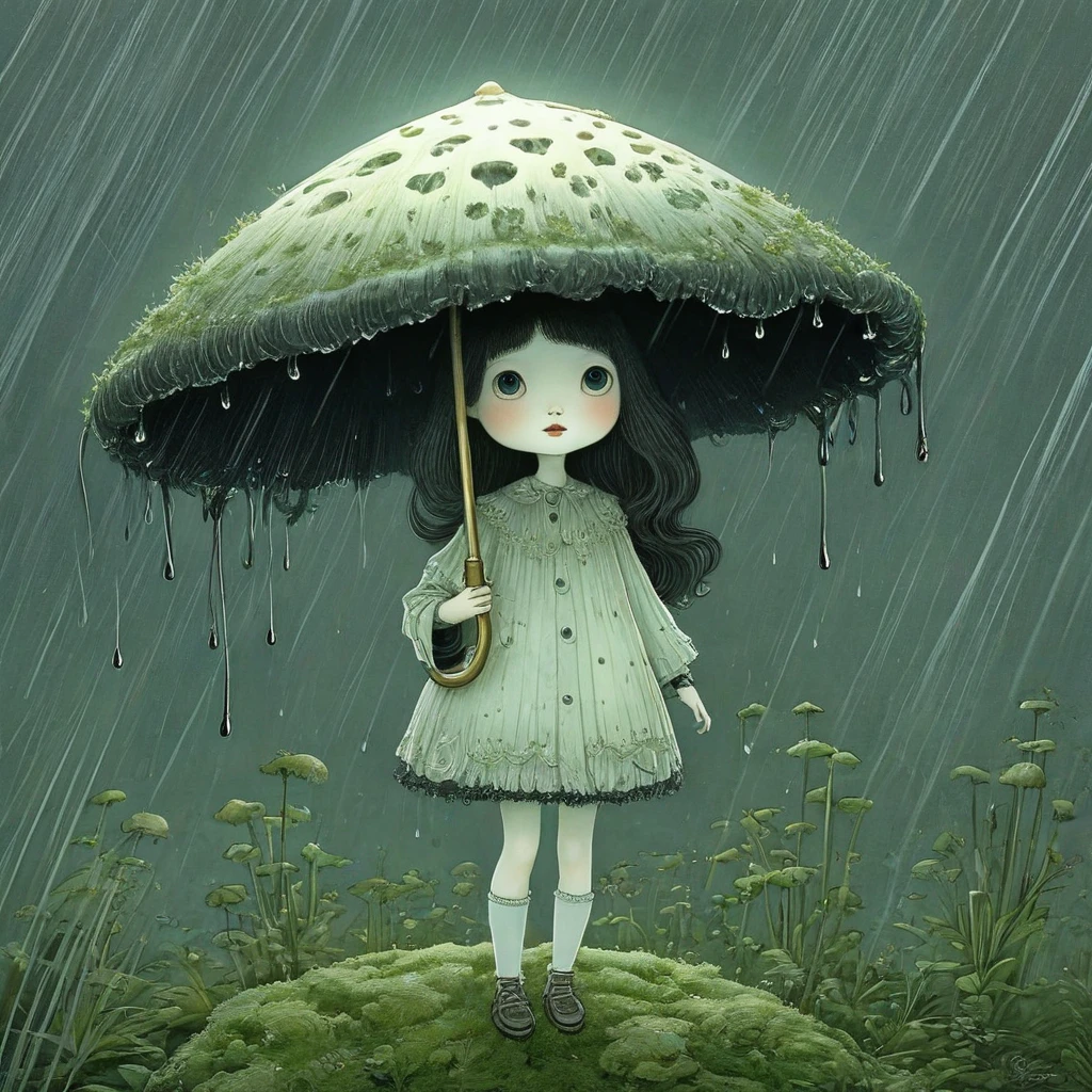 (((a little ghost girl holding a shaggy-ink-cap mushroom like an umbrella!)),  long hair flowing in the wind,  rain moss world,  illuminated cute style,  storybook character concept art,  soft,  magical,  surreal,  whimsical,  breathtaking,  hauntingly beautiful illustration,  2d,  "coprinus_comatus umbrella with shiny-black-gills and drips",  chris riddell and mark ryden,  gustave dore,  edmund dulac, renny the insta girl, coprinus_comatus,<lora:EMS-25231-EMS:0.300000>,<lora:EMS-300134-EMS:0.800000>