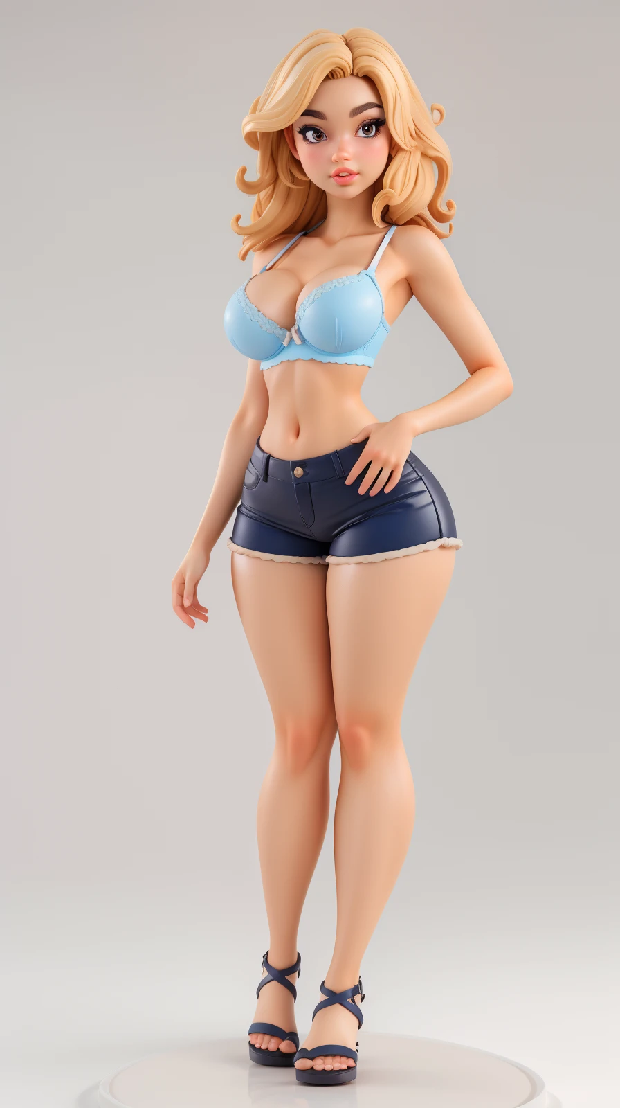 <lora:Sexy-Panamanian:1> curly blonde hair, brown eyes, full lips, as pvc figure, blue bra and shorts, sandals, looking at viewer, perfect hands, big breast, wide hips, thick thighs, ultra realistic digital art, a 3D render, photorealism, clean scene, white background, circular base, <lora:p3r3zstyle_v3:0.4> <lora:P2p0:0.4> <lora:Sexy-Figures:1>