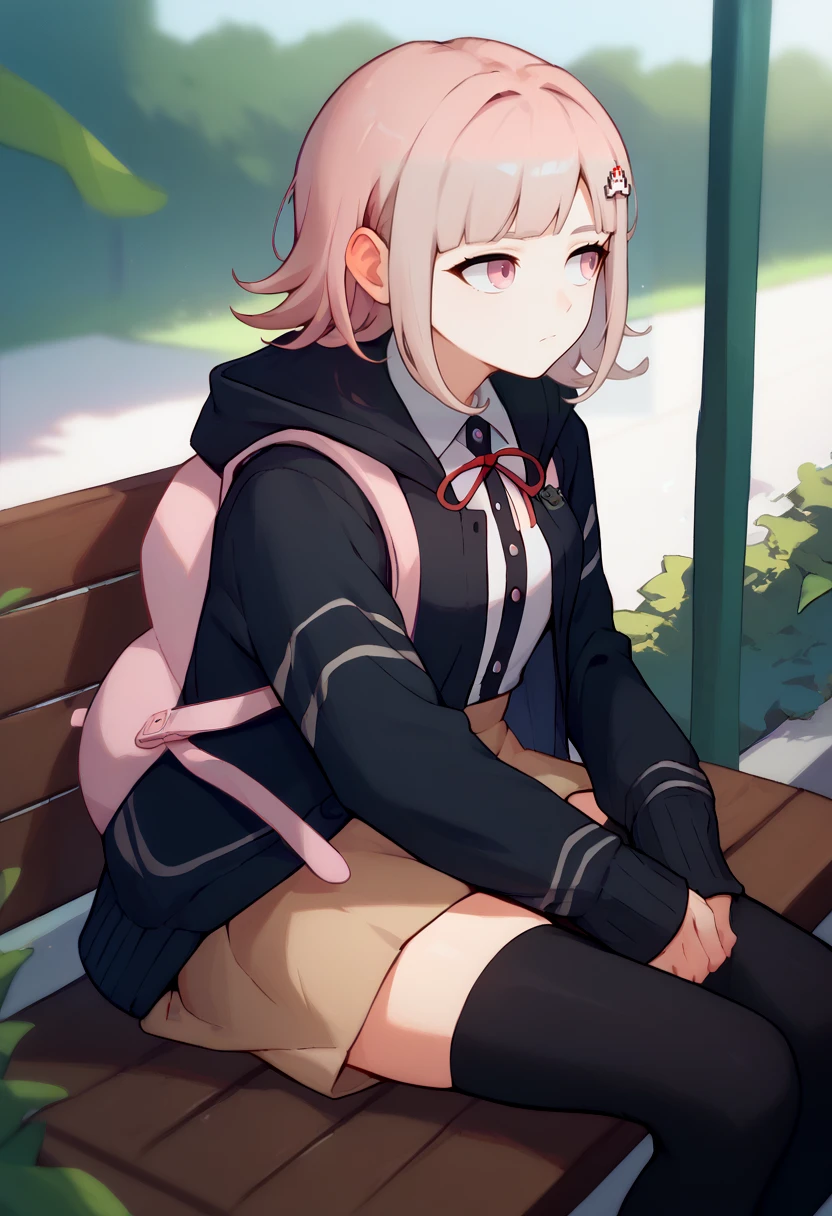 score_9, score_8_up, score_7_up, solo, 1girl, nanami chiaki, expressionless, looking away, sitting, bench, hairclip, black jacket, long sleeves, two-tone shirt, neck ribbon, brown skirt, thighhighs, backpack, outdoors <lora:style_notsorapoi_ponyXL-12:1> <lora:danganronpa2_nanami_ponyXL:1>