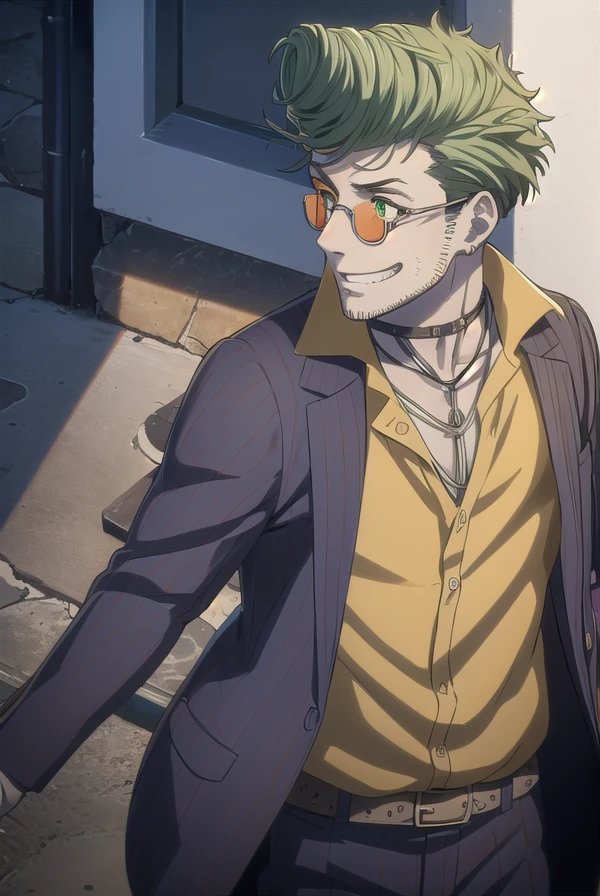 akudamahoodlum, <lora:akudama hoodlum s1-lora-nochekaiser:1>,
hoodlum, male focus, green hair, facial hair, sunglasses, tinted eyewear, (green eyes:1.3), pompadour, smile, grin,
BREAK shirt, jacket, collared shirt, belt, pants, black pants, yellow shirt,
BREAK outdoors, city,
BREAK looking at viewer, (cowboy shot:1.5),
BREAK <lyco:GoodHands-beta2:1>, (masterpiece:1.2), best quality, high resolution, unity 8k wallpaper, (illustration:0.8), (beautiful detailed eyes:1.6), extremely detailed face, perfect lighting, extremely detailed CG, (perfect hands, perfect anatomy),