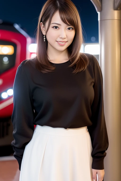 1girl,(RAW photo, best quality), (realistic, photo-realistic:1.4), masterpiece, an extremely delicate and beautiful, extremely detailed, 2k wallpaper, Amazing, finely detail, extremely detailed CG unity 8k wallpaper, ultra-detailed, highres, soft light, beautiful detailed girl, extremely detailed eyes and face, beautiful detailed nose, beautiful detailed eyes,cinematic lighting,perfect anatomy,slender body,smiling
city lights at night,at a train station in tokyo,(bokeh)
wearing blouse and skirt
<lora:fukuharakaori_lora:0.8>