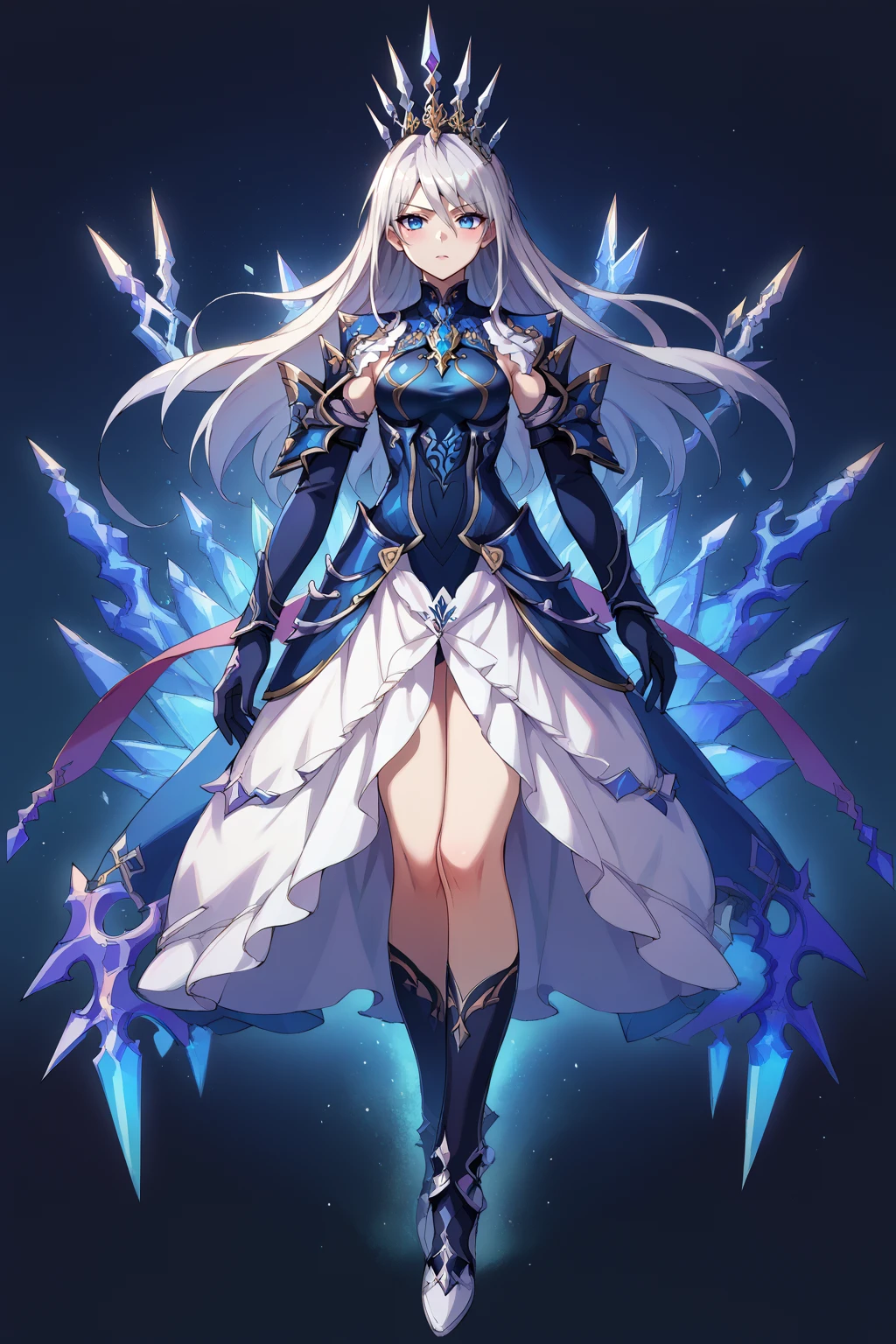 score_9, score_8_up, score_7_up, score_6_up, score_5_up, score_4_up, BREAK source_anime,explicit,
edgShiva,white hair,crown of ice,dress,armor blue eyes, gloves, full body
 <lora:edgShivaPony:1>