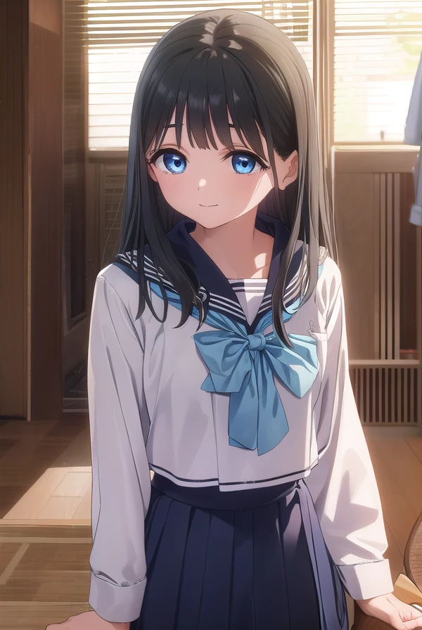 komichiakebi, <lora:komichi akebi s1-lora-nochekaiser:1>,
komichi akebi, long hair, bangs, blue eyes, black hair, smile,
BREAK shirt, long sleeves, bow, school uniform, white shirt, serafuku, sailor collar, neckerchief, blue bow, black sailor collar, blue neckerchief,
BREAK indoors, classroom,
BREAK looking at viewer, (cowboy shot:1.5),
BREAK <lyco:GoodHands-beta2:1>, (masterpiece:1.2), best quality, high resolution, unity 8k wallpaper, (illustration:0.8), (beautiful detailed eyes:1.6), extremely detailed face, perfect lighting, extremely detailed CG, (perfect hands, perfect anatomy),