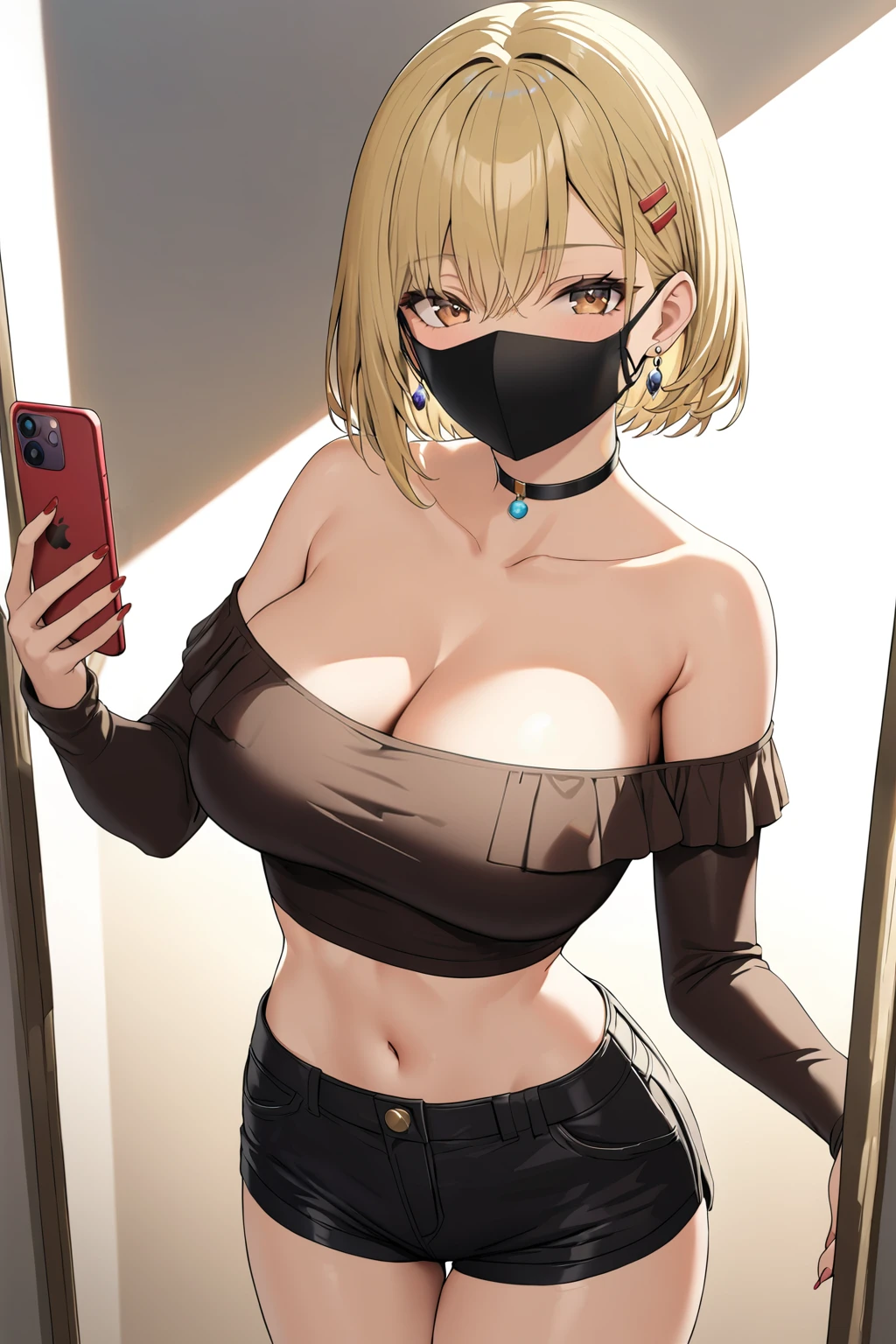 extremely detailed fine touch, natural light, sun light, light rays, dappled light, reflection, shadows, ray tracing, masterpiece, best quality, highly detailed,
<lora:himeko(sdxl):0.4> himeko, 1girl, short hair, brown eyes, large breasts, hair ornament, blonde hair, bangs, hairclip, looking at viewer, 1girl, bangs, bare shoulders, black shorts, blonde hair, breasts, cellphone, choker, cleavage, collarbone, earrings, eyebrows visible through hair, holding, holding phone, iphone, jewelry, large breasts, long sleeves, looking at phone, mask, midriff, mouth mask, nail polish, navel, off-shoulder shirt, off shoulder, phone, selfie, shirt, short hair, short shorts, shorts, smartphone, solo, surgical mask, white background