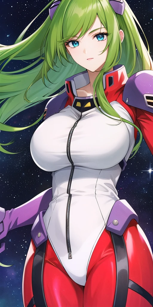 <lora:EmiliaJeniusV3:0.7> emiliajenius, huge_breasts, huge_breasts, standing, solo, Red_pilot_suit_White_bustier_Purple_shoulder_pads_High_collar, starry_sky, green_hair,, masterpiece, best_quality, detailed_face, detailed_eyes, highres, beautiful, detailed,