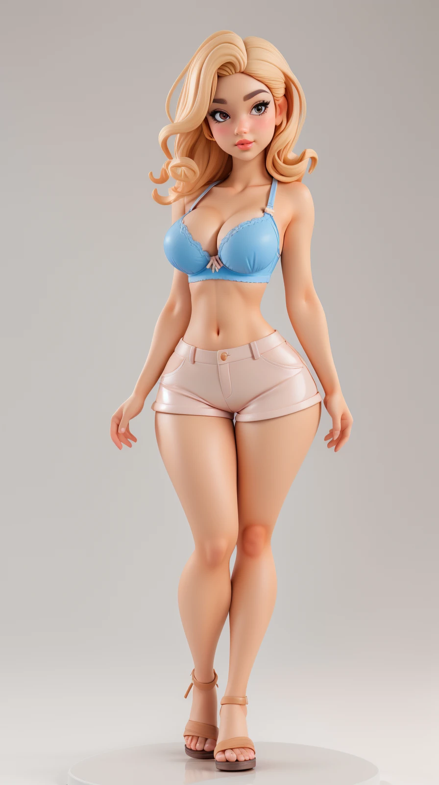 <lora:Sexy-Panamanian:1>  curly blonde hair, brown eyes, full lips, as  pvc figure, blue bra and shorts, sandals, looking at viewer, perfect hands, big breast, wide hips, thick thighs, ultra realistic digital art, a 3D render, photorealism, clean scene, white background, circular base, <lora:p3r3zstyle_v3:0.4>  <lora:P2p0:0.4> <lora:Sexy-Figures:1>