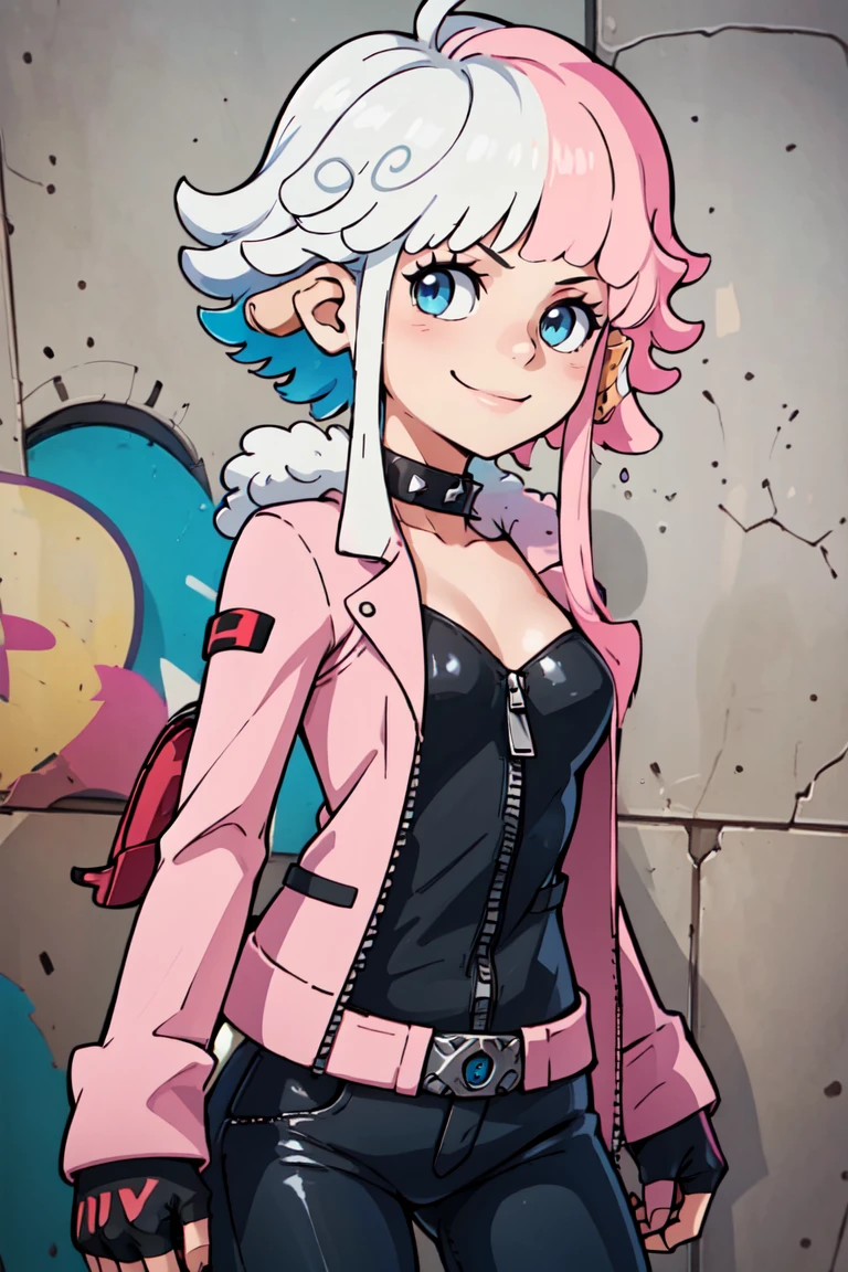 ((masterpiece,best quality)),  <lora:Vegapunk_Atlas:0.8> Vegapunk_Atlas, solo, 1girl,  blue eyes,  multicolored hair, split color hair, pink hair, white hair, fur trim, solo, smile, looking at viewer, cowboy shot, leather jacket, leather pants, strapless bra, black jacket, tight pants, black choker, zipper, fingerless gloves, biker clothes, spikes, unzipped, multiple belts, shiny clothes, high collar, (graffiti:1.2), brick wall,