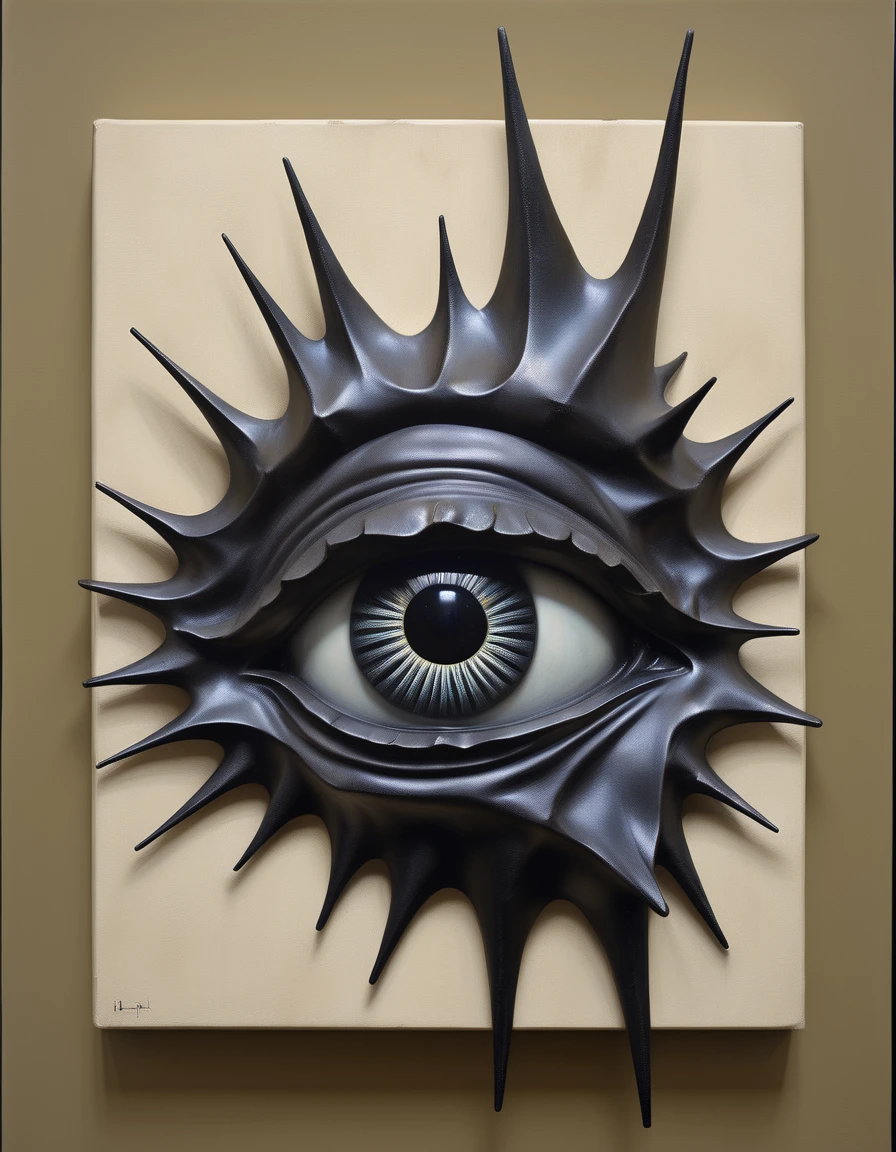 a surrealist sculpture, Gaze pierces canvas, Capturing the viewer's eye, Unspoken challenge