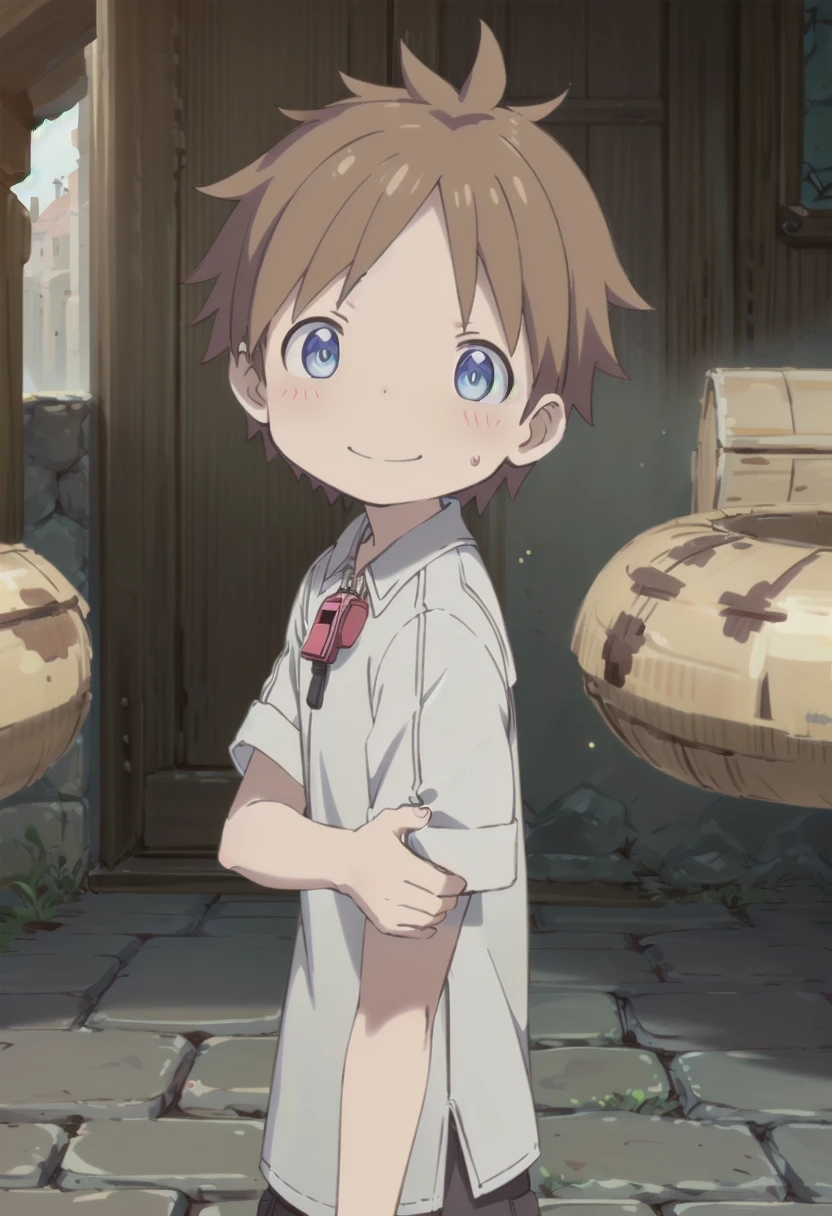 <lora:natsd-000015:0.6>
1boy, mia_nat, standing, beautiful village, male focus,
wearing a (red whistle:1.2) around his neck, outside, low angle
brown hair, blue eyes with a slight purple gradient, smiling,
very short hair, white shirt, energetic eyes, sparkling eyes,
draw it in the style of made in abyss, (straight on:1.2),
The soft lighting and detailed surroundings create an immersive environment where imagination runs wild
hyper-detailed,hyper-detailed face, high quality visuals, dim Lighting, sharply focused, octane render, 8k UHD,
GS-Boyish,  GS-Masculine