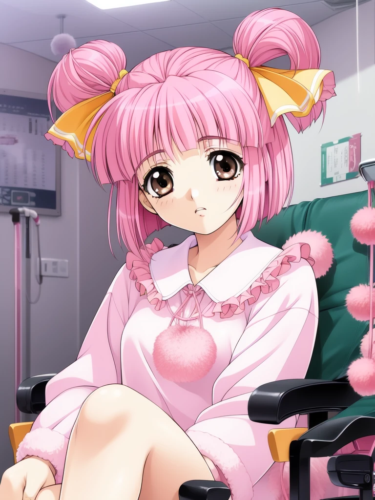 <lora:Itsuki_Momoko:0.8>,ItsukiMomoko, 1girl, solo, pink hair, brown eyes, short hair, pom pom (clothes), hair ribbon, bangs, short twintails, hospital, sitting, slippers, chair,
masterpiece, high quality, very_high_resolution, large_filesize, full color,