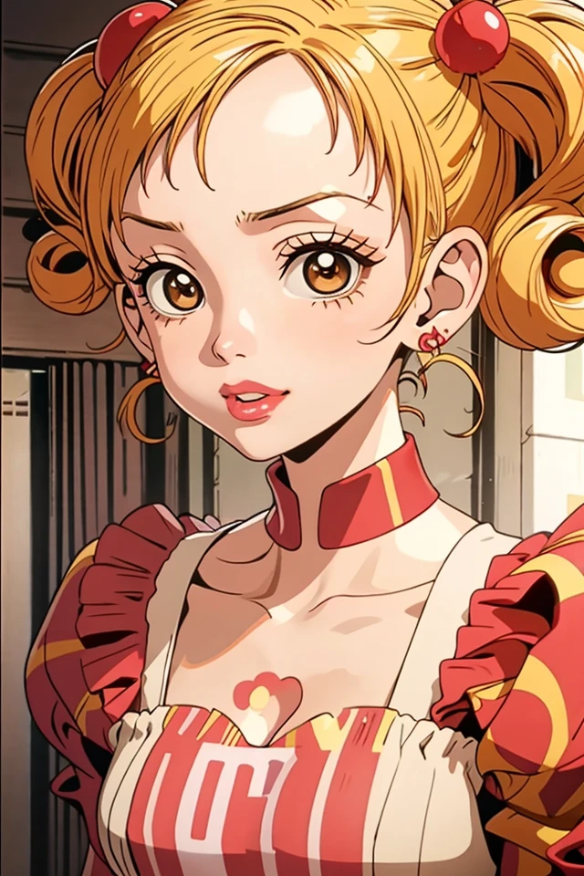 Mikako_Kouda, 1girl,baby bangs,blunt bangs,pixie bangs,blonde hair,brown eyes,curly hair,earrings,eyelashes,hairclip,heart hair ornament,makeup,pouty lips,red lips,smile,solo,twintails