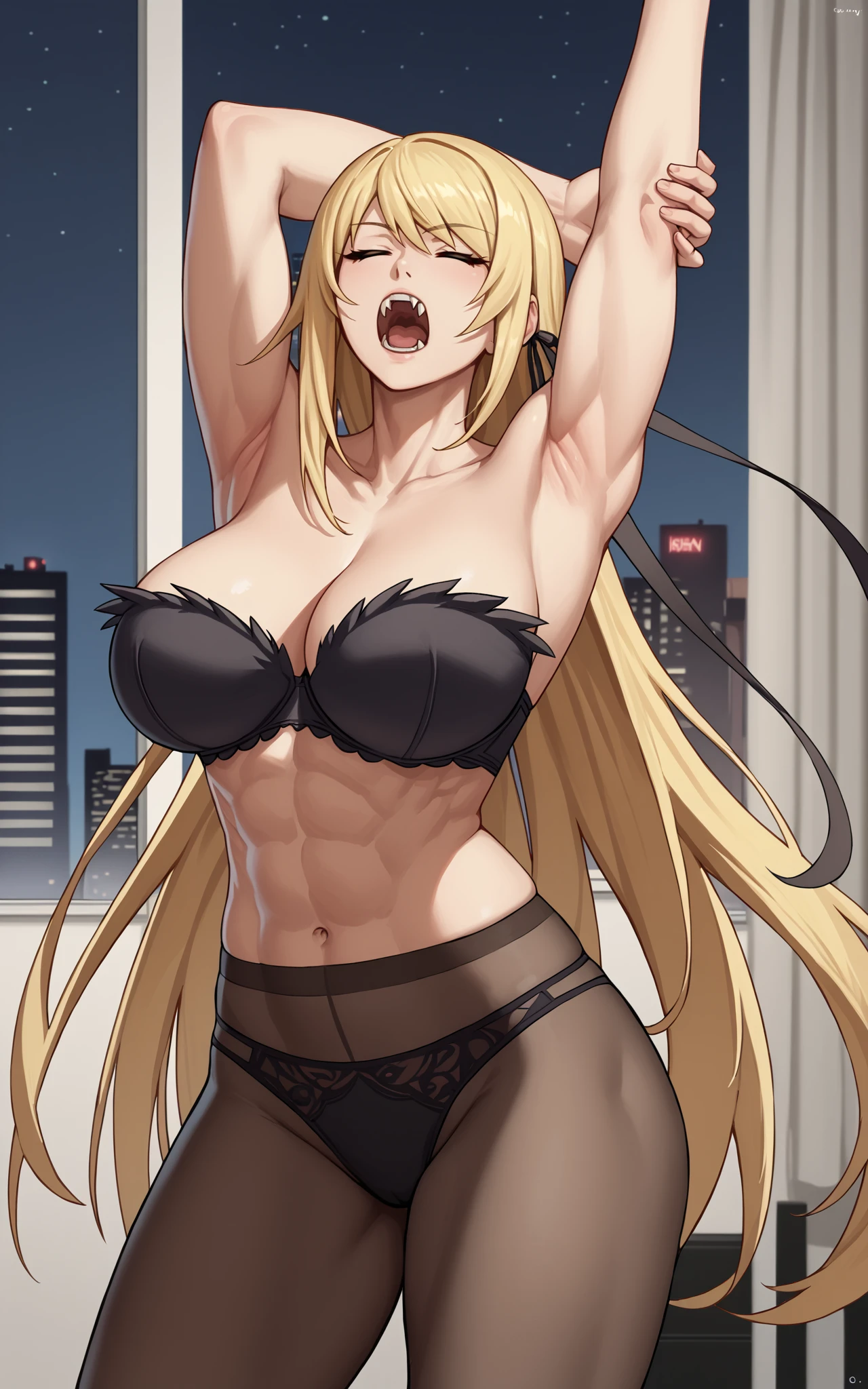 arms up,(((show off nipples))),score_9, score_8_up, city, night, solo, standing, high angle view
BREAK
1girl, kiss-shot acerola-orion heart-under-blade, very long hair, blonde hair, hair ribbon, yellow eyes, red dress, cleavage, white gloves, elbow gloves, black pantyhose, white heels, large breasts, looking at viewer, smile, fang