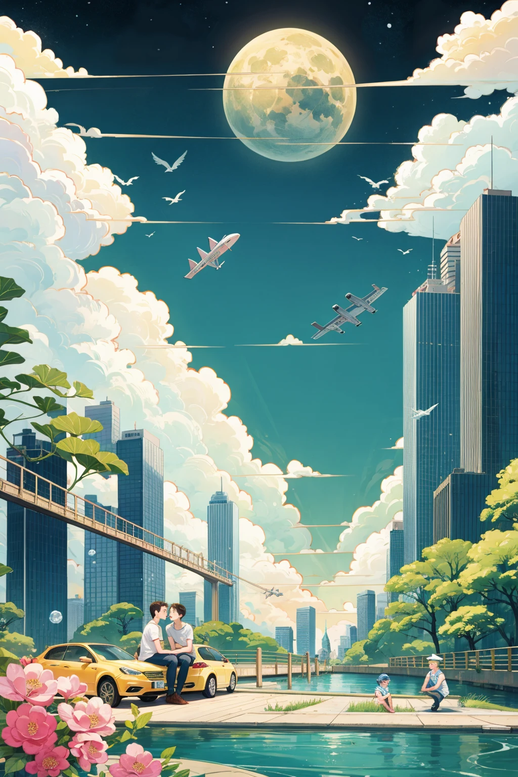 HEZI, Ukiyo-e illustration, national style illustration, rich picture, ground vehicle, multiple boys, flower, bubble, hat, train, sailor, multiple girls, sailor hat, cloud, black hair, bird, 2girls, building, motor vehicle, watercraft, aircraft, city, 4boys, sitting, water, child, blonde hair, 2boys, shorts, surreal, skyscraper, cityscape, sky, anchor, airship, dragon, 3boys, sailor collar, helmet, short hair, spacecraft, car, dixie cup hat, planet, eastern dragon, whale, 6+boys, ship, family, bubble blowing, 1boy, 5boys, boat, rainbow, 1girl, johnny joestar, moon, day