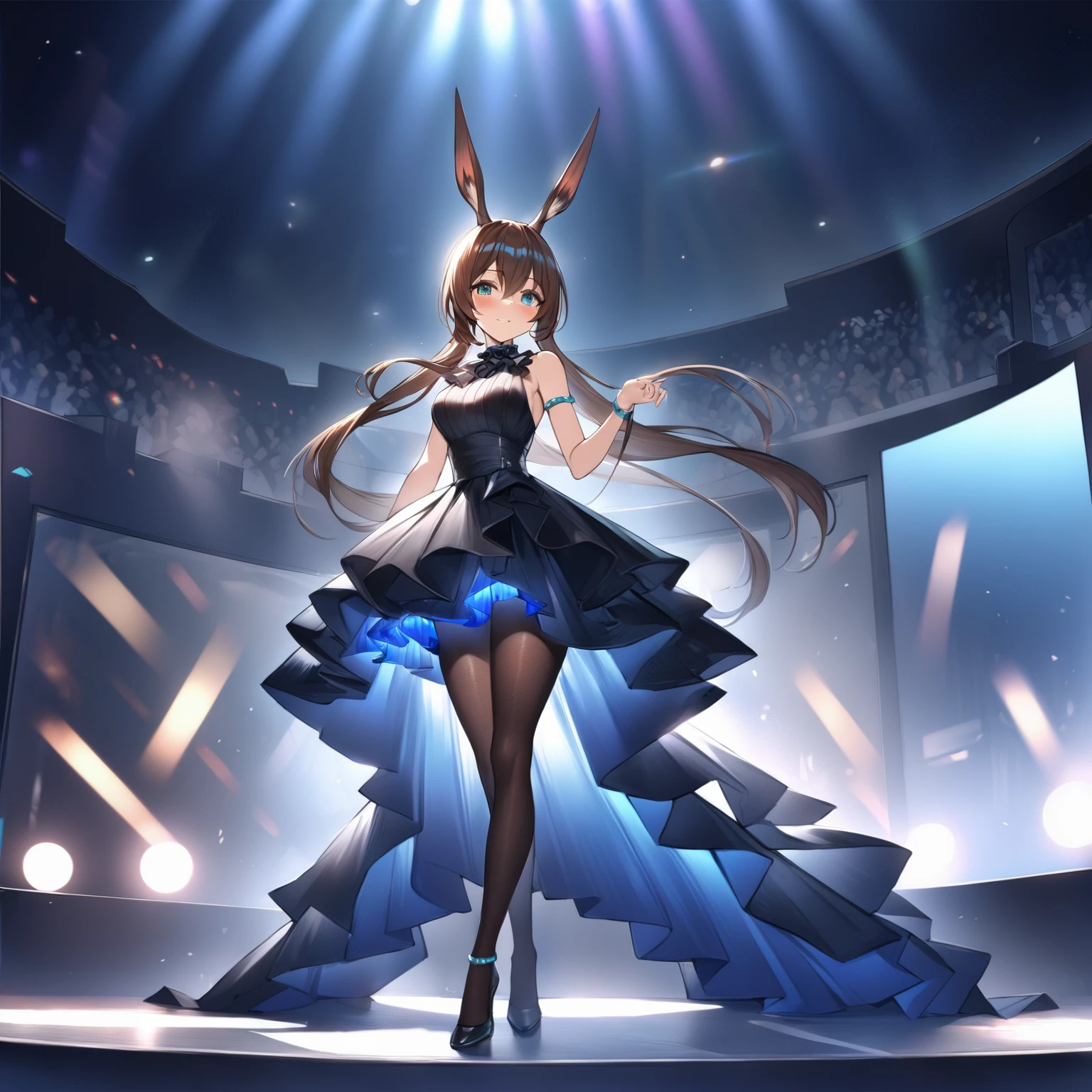 [high quality, best quality], 1girl, solo, full body, amiya, arknights, watson cross, <lora:watson_cross-000021:0.64>, smile, blush, fancy black dress, black pantyhose, on stage, bloom, hdr
