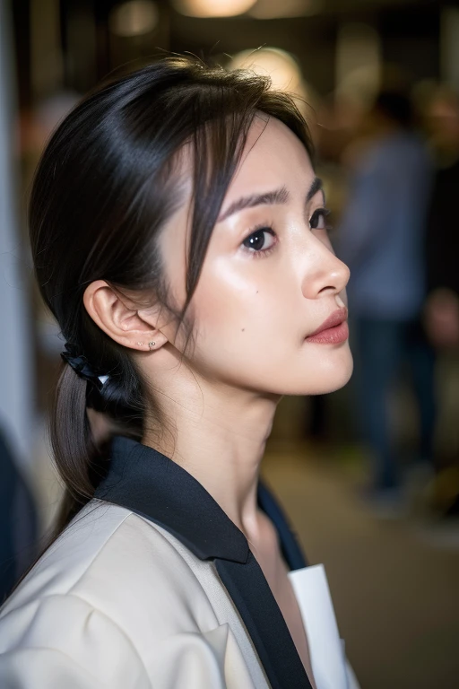 Best quality,masterpiece,ultra high res,(photorealistic:1.4),1girl,in the dark,deep shadow,low key,(photorealistic:1.4),slim body,undone hair,japanese street alley,dynamic pose,face closeup,<lora:ariel_lin>,long brown hair,pony-tail,