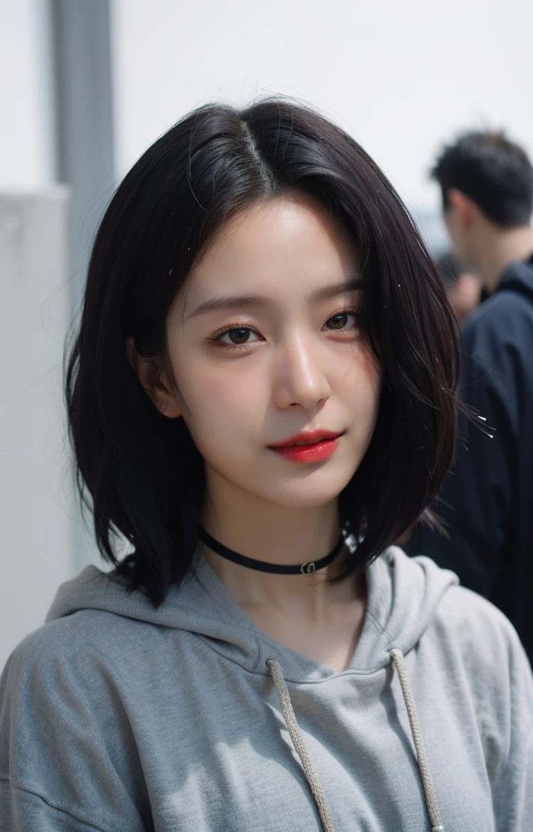 janggyuri,aw photo,a cute afraid girl,stacked bob,purple hair,air bangs,20 years old,curl mascara,glitter eyeliner,buff,choker,realistic skin texture,oversize hoodie,(Army Green:0.8),hardcore,cold lighting,morbid atmosphere,instagram style,fashion,(sfw:0.9),highly detailed photography,(muted colors, cinematic, dim colors, soothing tones:1.2),vibrant,insanely detailed,hyperdetailed,(dark shot:1.2),(vsco:0.3),(close-up shot:1.2),smile, <lora:janggyuriSver-byhighwizard Sver:1>