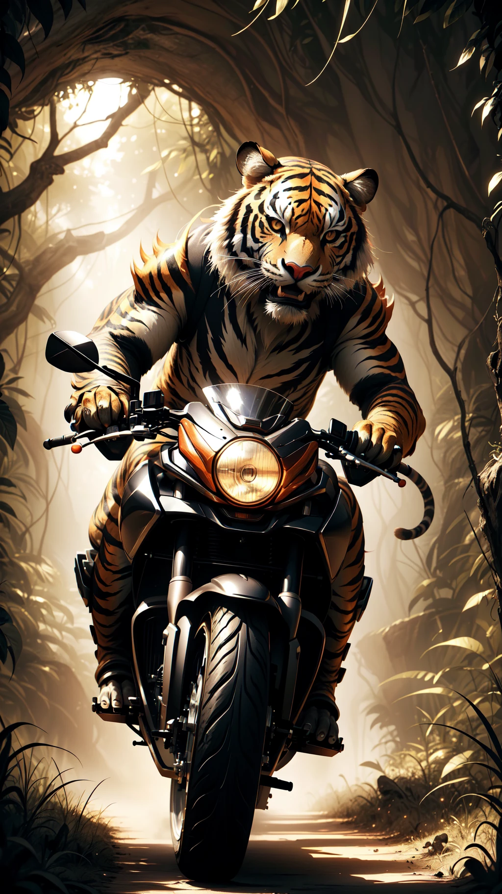 An epic action shot of a samurai cyborg tiger on a motorcycle,  bursting out of a jungle tunnel, uhd, high contrast, deep shadows, (intricate details:1.2), 8k, 32k, bright and vivid colors, (intense lighting: 1.3), award winning masterpiece, extremely detailed, cinematic,