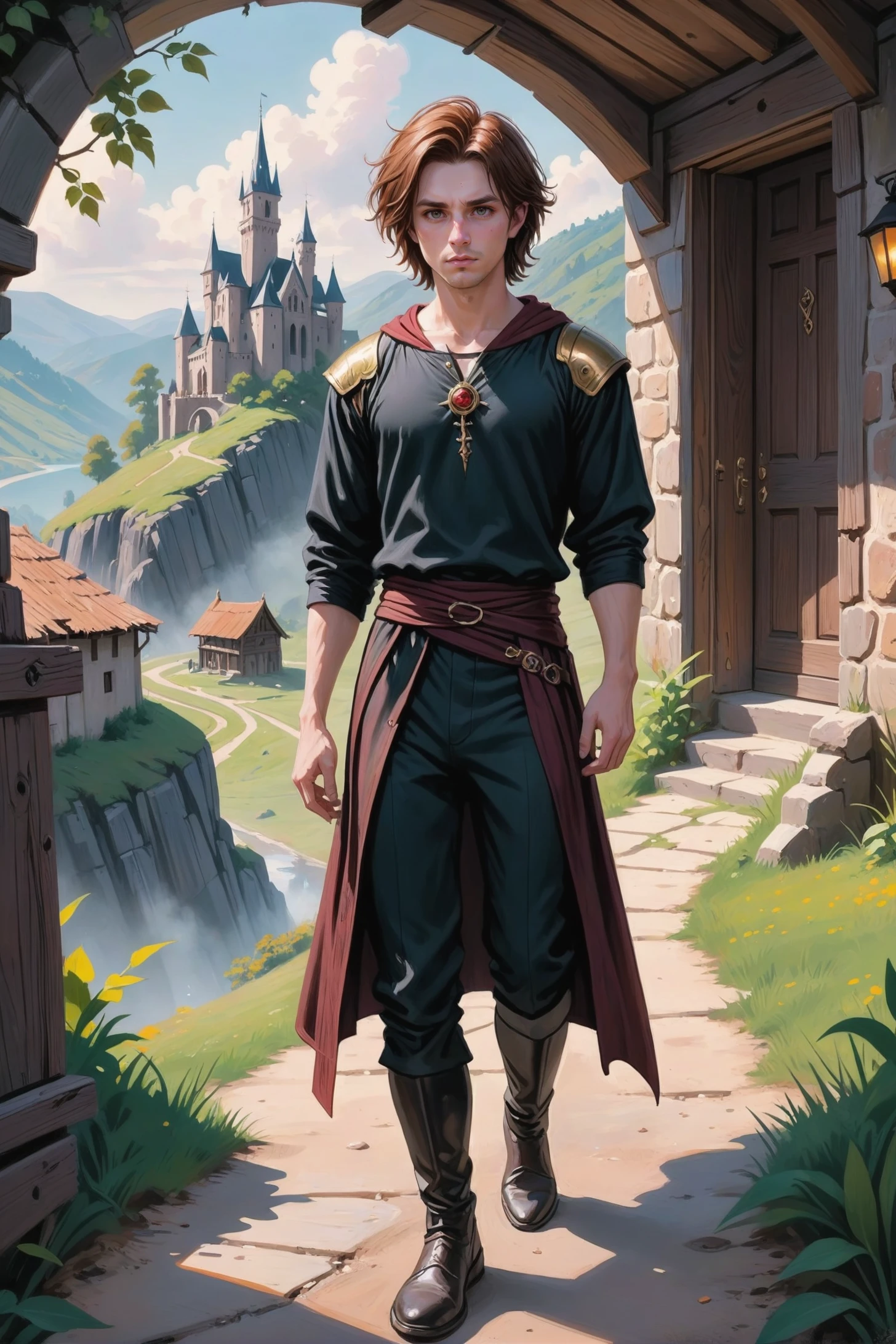 fine art digital painting, (full body:1.2), 1boy, man, handsome, solo, [:outlandish costume design,:0.2] mystic, caucasian, vivid rosybrown hair, (slim:1.1) build, hillside,abandoned fantasy village at the beginning of reality