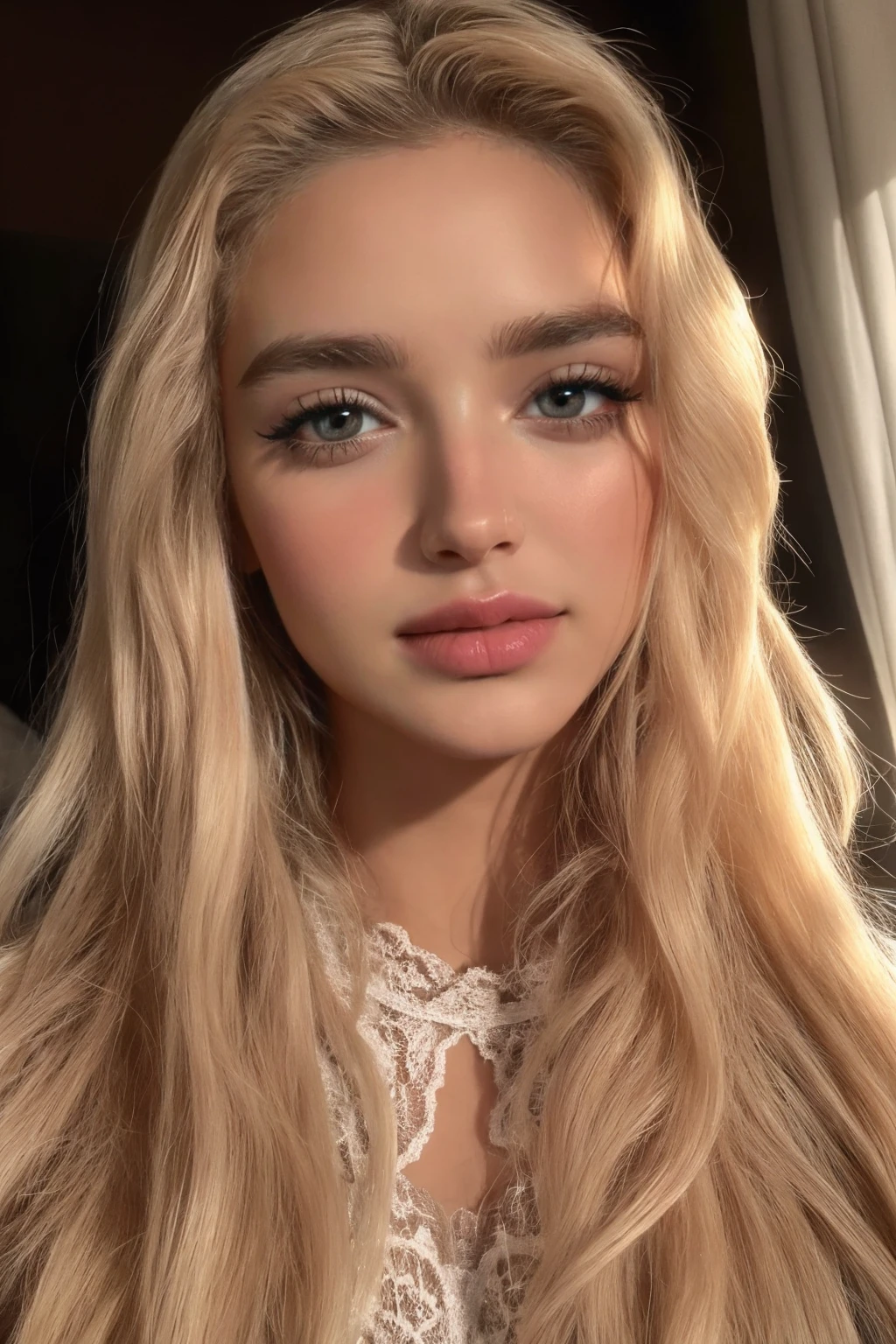 4k, 8k, ultra highres, raw photo in hdr, sharp focus, intricate texture, skin imperfections, realistic, detailed facial features, highly detailed face, posing,perfect lighting,long hair,(blonde hair),makeup,close-up,face only,facing viewer,smile,eyelashes,eyeliner<lora:SabZada1:0.7> SabZada1