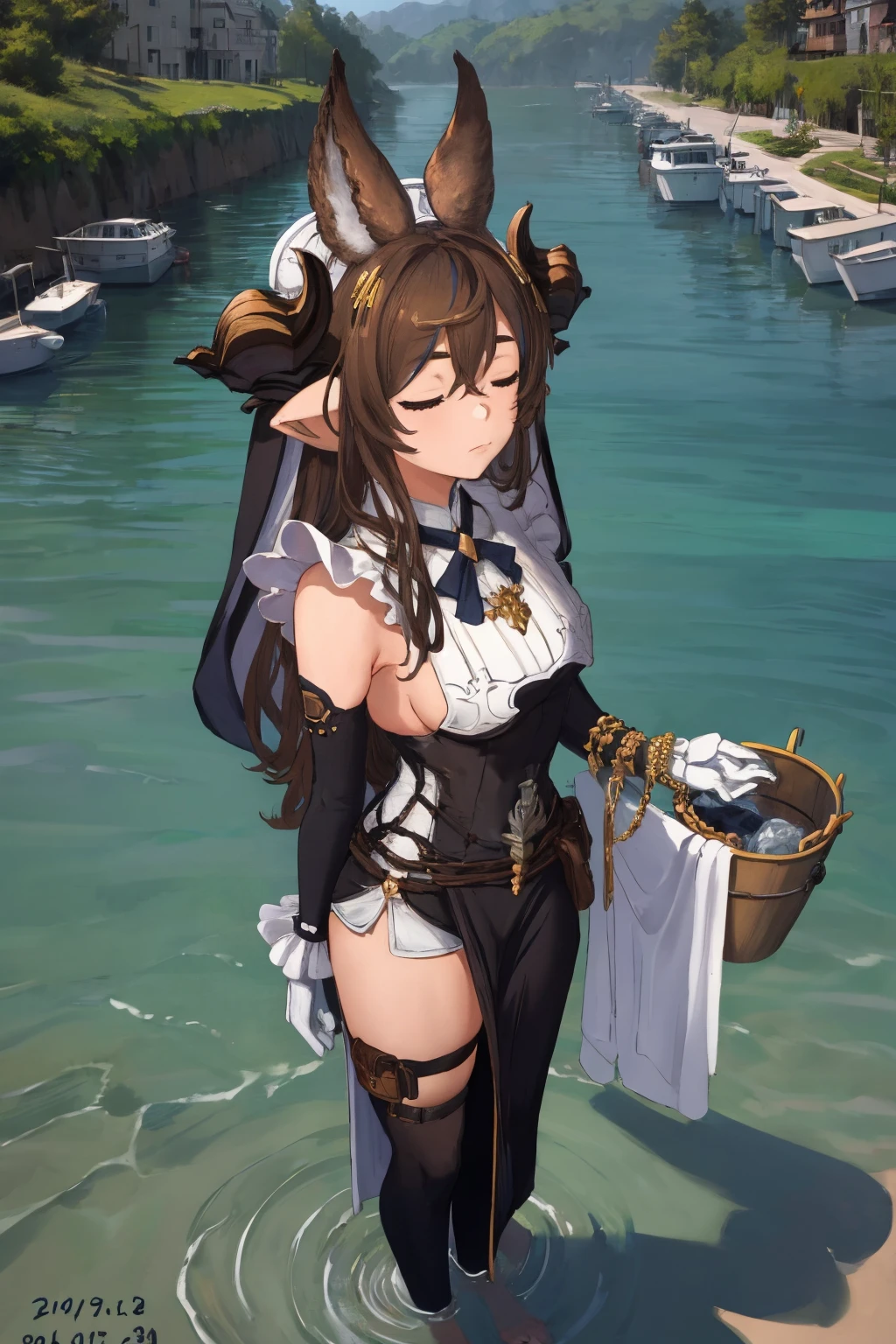 masterpiece, best quality, 1girl, <lora:spgbfGalleon:1> galleondef, horns, closed eyes, dress, white gloves, frills, detached sleeves, frilled sleeves, thighhighs, thigh strap, pelvic curtain, artist name, boat, bucket, dated, full body, outdoors, sailboat, water, watercraft, closed mouth, looking at viewer, looking to the side, solo, standing