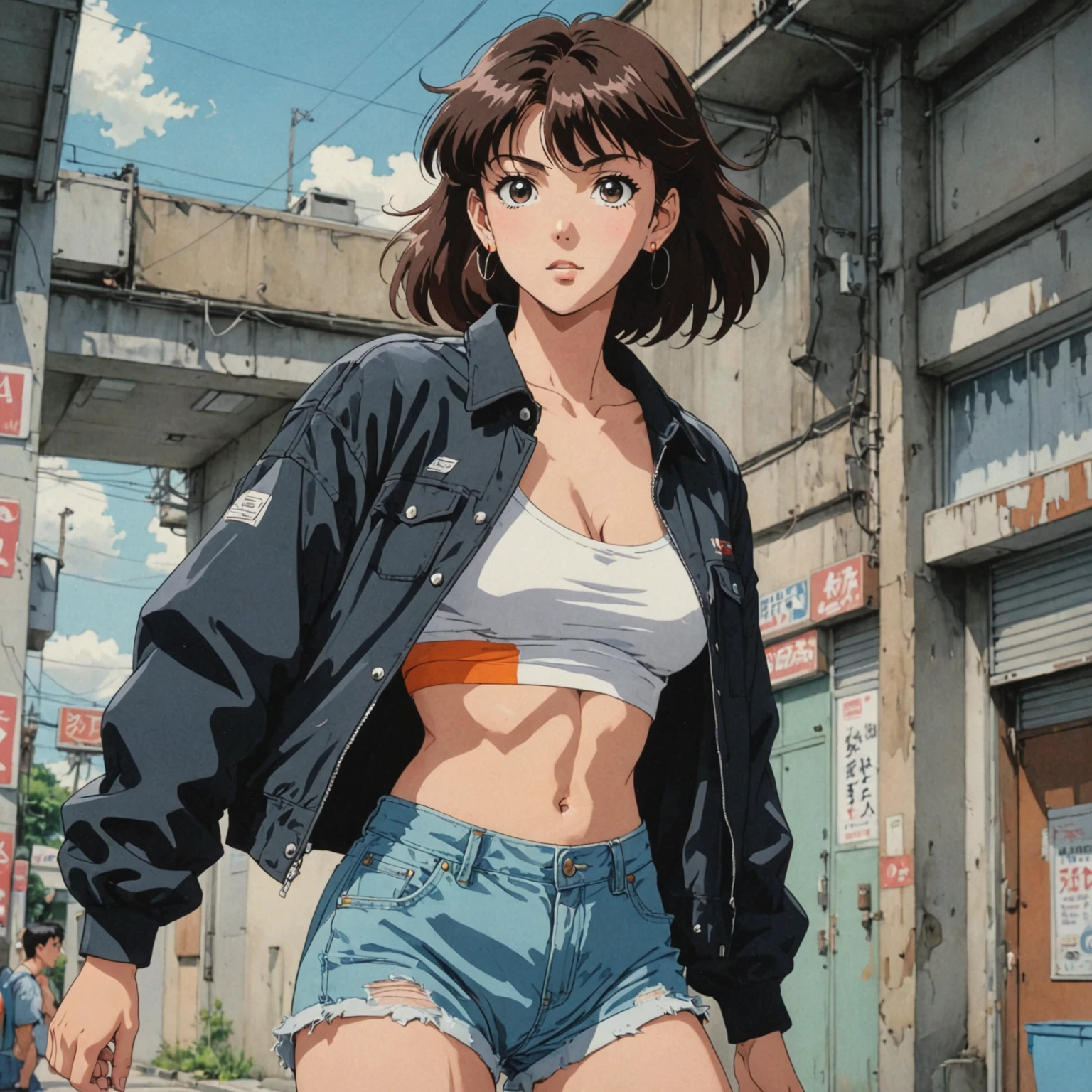 80's anime screencap, girl wearing a cropped top, jacket and short shorts, artistic rendition with wide brush strokes, anime comic