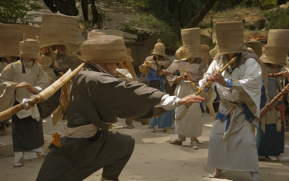 dynamic angle, dynamic pose, perspective, foreshortening, undercut, k0mus0 with a basket on his head, holding flute, playing flute, multiple people, , Lord of the Rings, Tolkien, Hillmen, Dunlending, (medium shot)
<lora:wuxia2:0.8> wuxia, (smile:0.4),
<lora:Komuso:1>