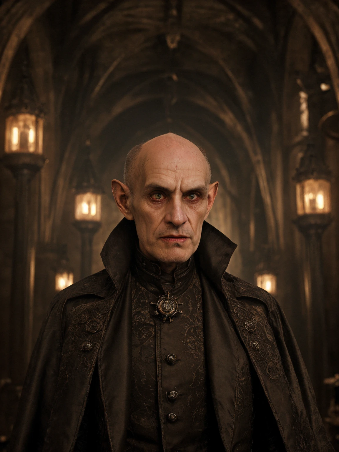 Steampunk style, cogs, clockwork machinery, night time, low angle, terrifying fierce male Nosferatu vampire lord, (gaunt face, emaciated, haunting big eyes, elderly, bald, wrinkled skin:1.3),( long fangs:1.3), tattered robes, pasty skin, dark gothic cathedral interior, detailed background