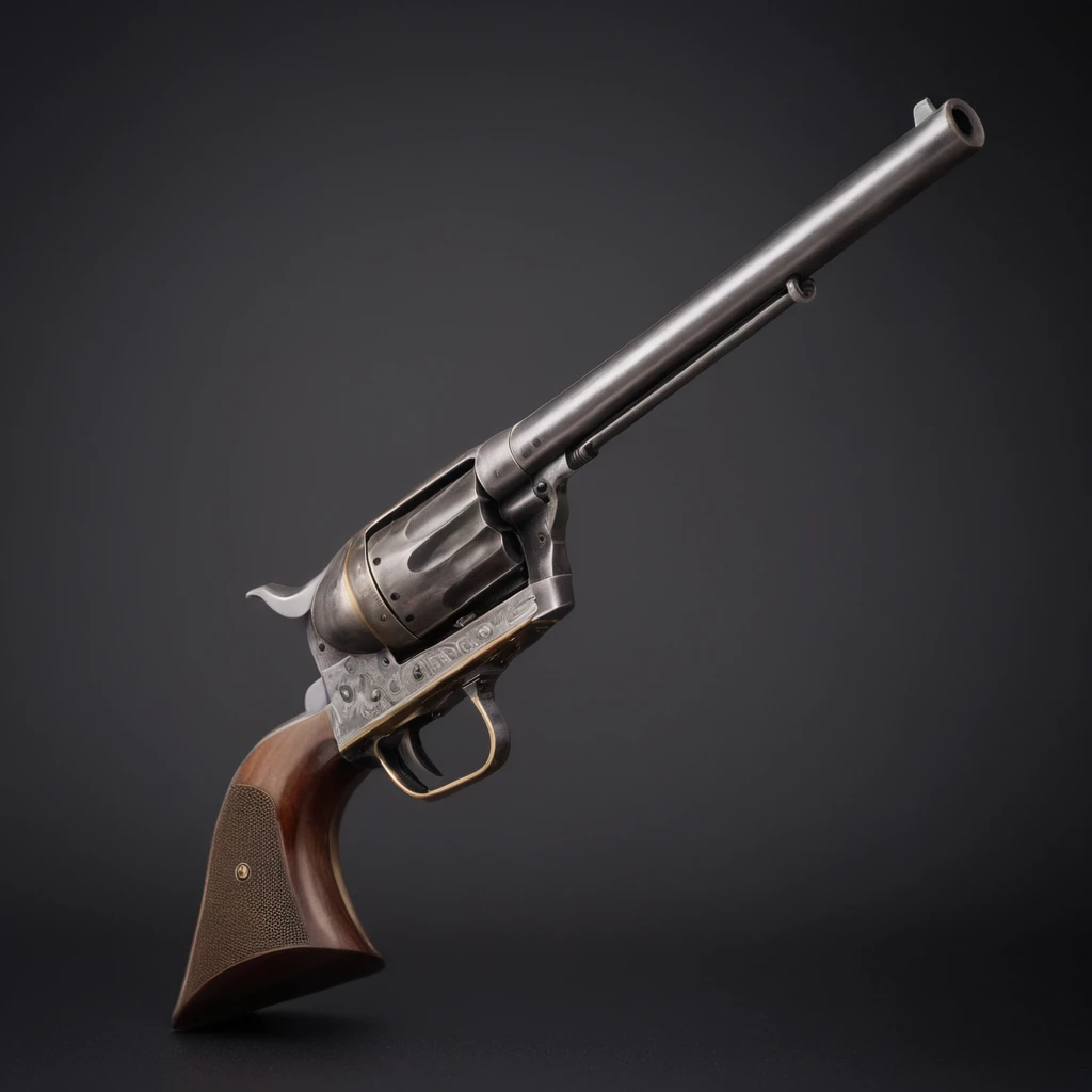 cinematic film still of <lora:Colt revolver handgun:0.8>
a gun with a wooden barrel and a metal handle,simple background,weapon,grey background,gradient,gun,gradient background,no humans,handgun,science fiction,realistic,revolver,still life , gun, handgun, pistol, revolver, wild west, western, red dead redemption style, Colt Single Action revolver handgun, large barrel, long barrel, shallow depth of field, vignette, highly detailed, high budget, bokeh, cinemascope, moody, epic, gorgeous, film grain, grainy