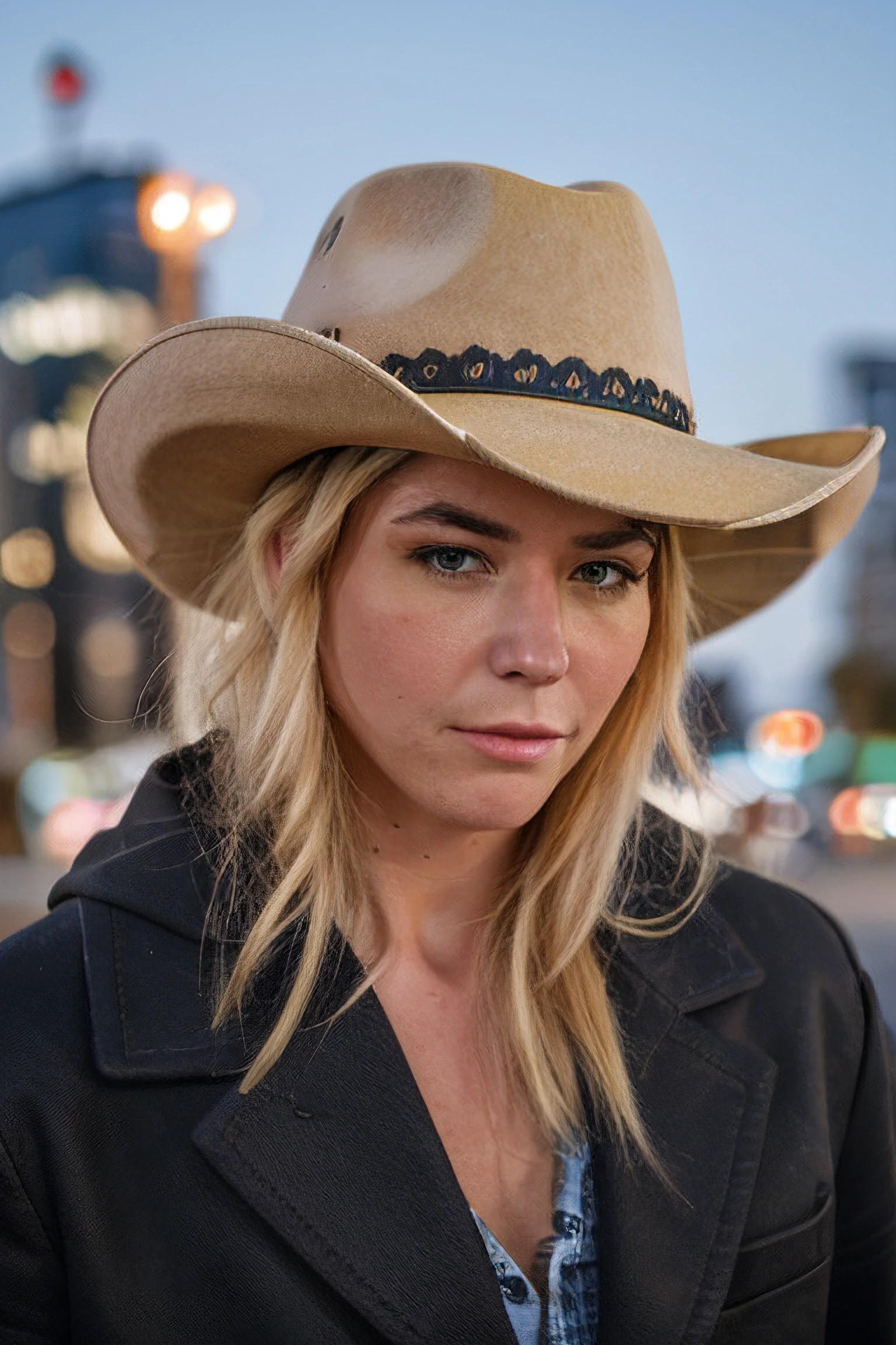 Caption/Description: kitm, no makeup, photography, 8k, realistic, blonde, night, urban, cowboy hat, coat, blurry, messy hair, dark roots ,face focus, portrait