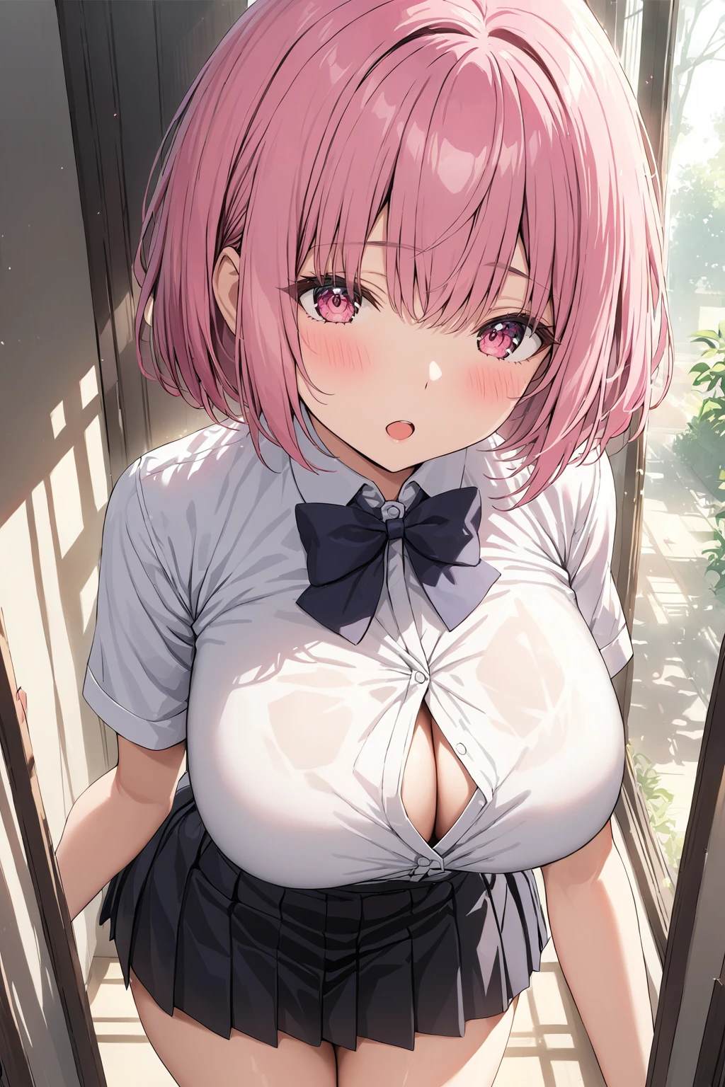 extremely detailed fine touch, natural light, sun light, light rays, dappled light, reflection, shadows, ray tracing, masterpiece, best quality, highly detailed,
<lora:akane(sdxl):0.4> akane, 1girl, pink eyes, short hair, pink hair, bangs, large breasts, 1girl, black skirt, blush, bow, bowtie, breasts, button gap, eyebrows visible through hair, large breasts, looking at viewer, open mouth, pleated skirt, school uniform, shinjou akane, shirt, short hair, short sleeves, skirt, thighs, white shirt