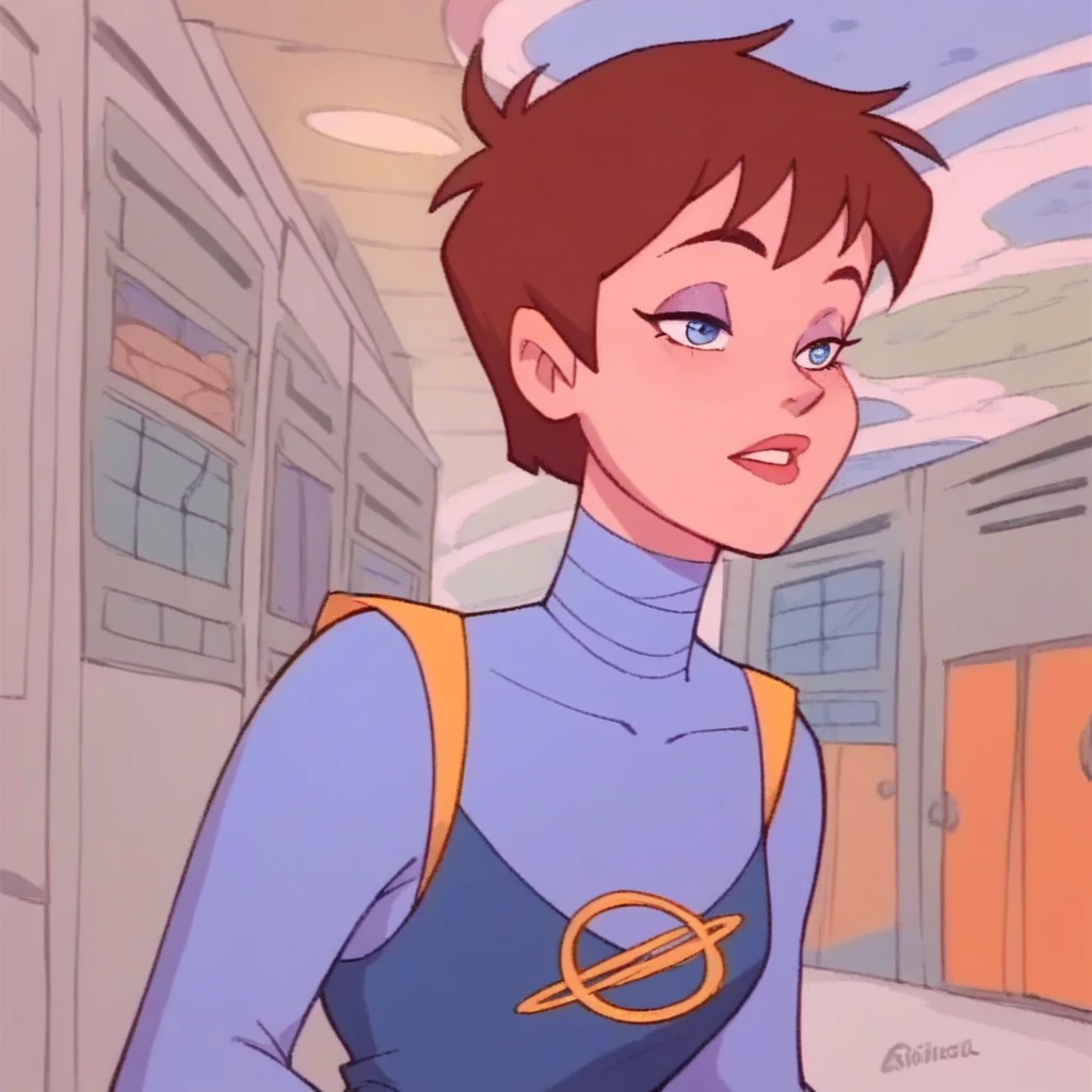 score_9, score_8_up, score_7_up, score_6_up, score_5_up, score_4_up, <lora:AimeeBrightower_XL:0.8> aimee facing viewer in a school hallway, aimee_brightower, blue eyes, brown hair, blue bodysuit, solo, planet logo