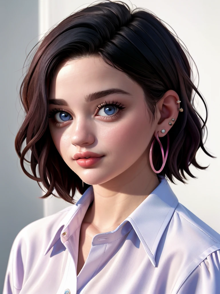A beautiful j03yk woman,1girl,solo,short hair,blue eyes,simple background,shirt,black hair,white background,jewelry,earrings,parted lips,mole,lips,grey eyes,black shirt,piercing,ear piercing,portrait,hoop earrings,realistic,soft lighting, professional Photography, Photorealistic, detailed, RAW, analog, sharp focus, 8k, HD, high quality, masterpiece<lora:j03yk:1.0>