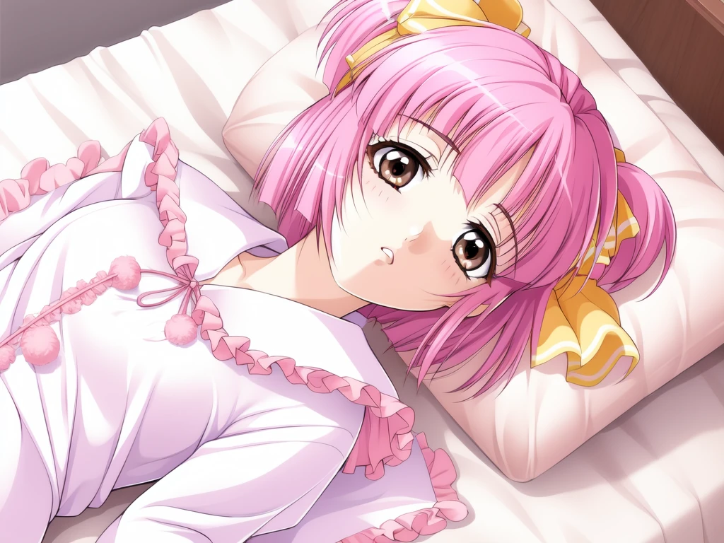 <lora:Itsuki_Momoko:0.8>, ItsukiMomoko, 1girl, solo, pink hair, pillow, bed, brown eyes, short hair, lying, ribbon, on back, hair ribbon, under covers, frills, blanket, bangs, looking at viewer, twintails, bed sheet, short twintails,
masterpiece, high quality, very_high_resolution, large_filesize, full color,