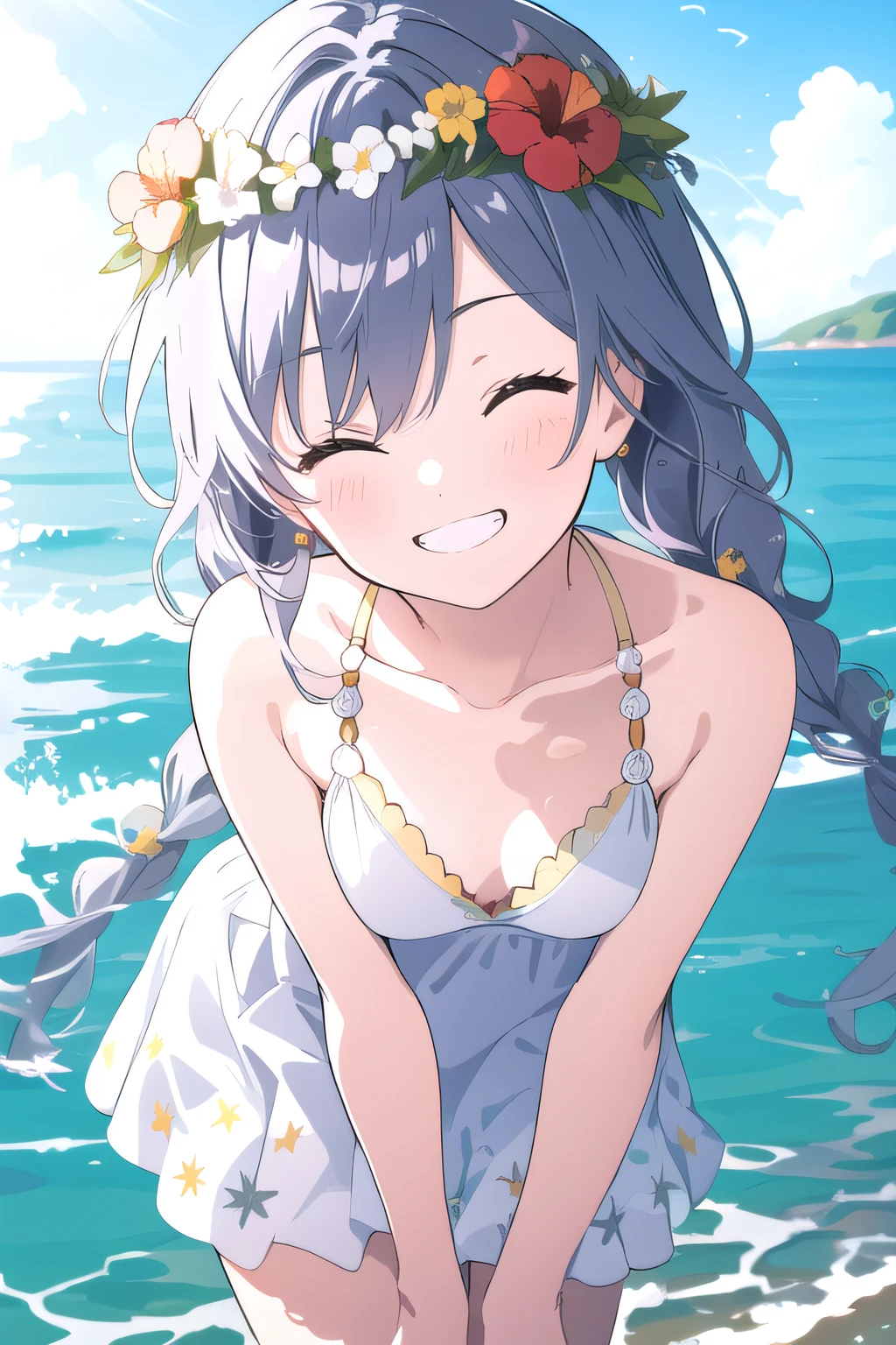 (masterpiece:1.2), best quality, high resolution, unity 8k wallpaper, (illustration), extremely detailed face, perfect lighting, extremely detailed CG, 1girl, solo, <lora:Ana:0.6>, ana, smile, dress, twin braids:1.2, hair over eye, dress swimsuit, white dress, looking at viewer, beach, ocean behind, grin, teeth, close up, closed eyes, collarbone, arms down, bent over, small lips, medium breasts, flower wreath, medium breasts
