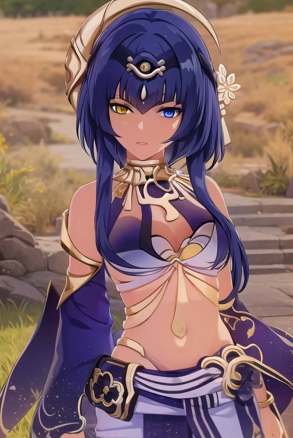 genshincandace, <lora:genshin candace ingame-lora-nochekaiser:1>,
candace, bangs, blue eyes, hair ornament, blue hair, (yellow eyes:1.3), sidelocks, dark skin, dark-skinned female, (heterochromia:1.5), short hair with long locks, eye of horus,
BREAK navel, jewelry, detached sleeves, nail polish, egyptian clothes,
BREAK outdoors,
BREAK looking at viewer, (cowboy shot:1.5),
BREAK <lyco:GoodHands-beta2:1>, (masterpiece:1.2), best quality, high resolution, unity 8k wallpaper, (illustration:0.8), (beautiful detailed eyes:1.6), extremely detailed face, perfect lighting, extremely detailed CG, (perfect hands, perfect anatomy),