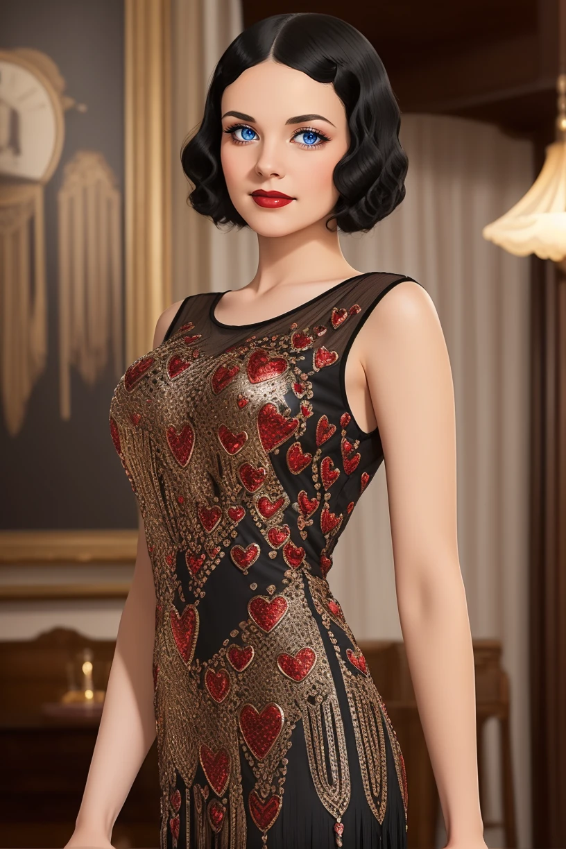 (portrait:1.2), adult, woman, (short black finger waves hair), wearing heart_20s, round neck heart beaded long flapper 1920s black dress, fringe, <lora:heart_20s-12a:0.65>, (Point-of-view shot:1.1), speakeasy