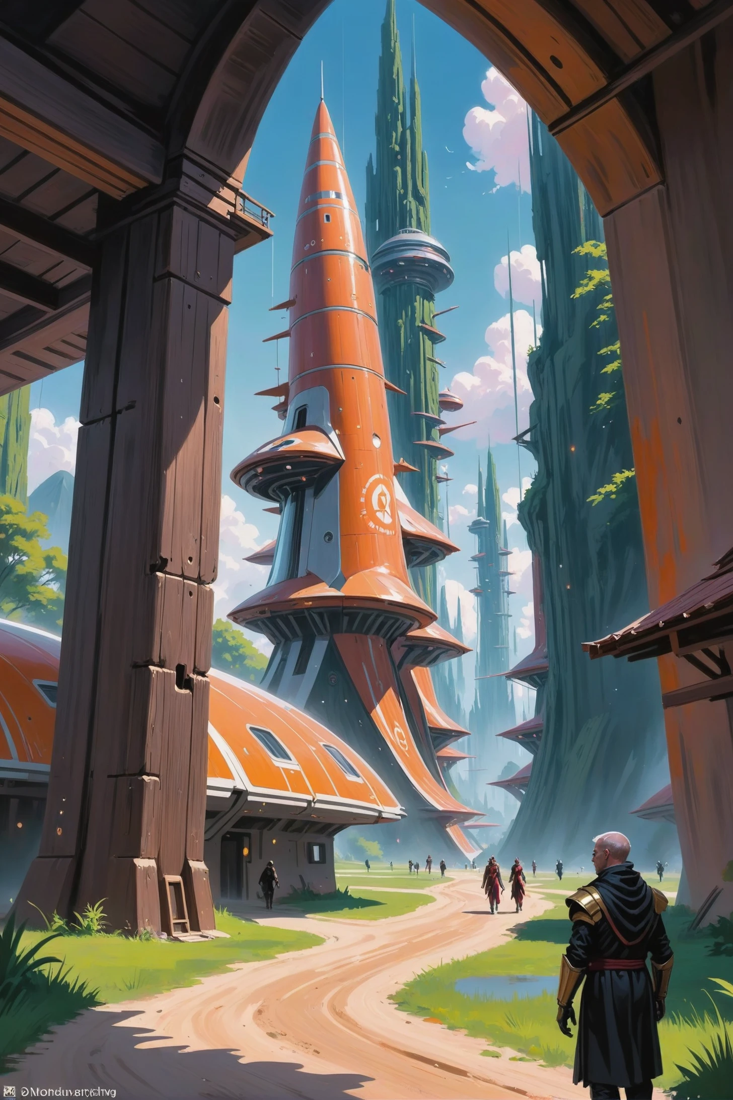 fine art digital painting, idyllic scifi village beyond the end of the multiverse