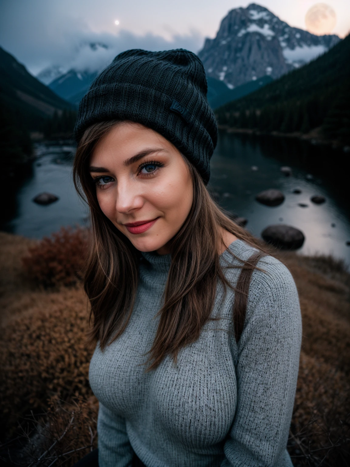 photo of beautiful 19 year woman, focused sharp selfie, expressive eyes, upper body, large breasts, solo, outdoors, (night), mountains, real life nature, stars, moon, cheerful, happy, gloves, sweater, beanie, forest, rocks, river, wood, smoke, fog, looking at viewer, photo grain, close up, RAW photo,  <lora:add_detail:0.5>