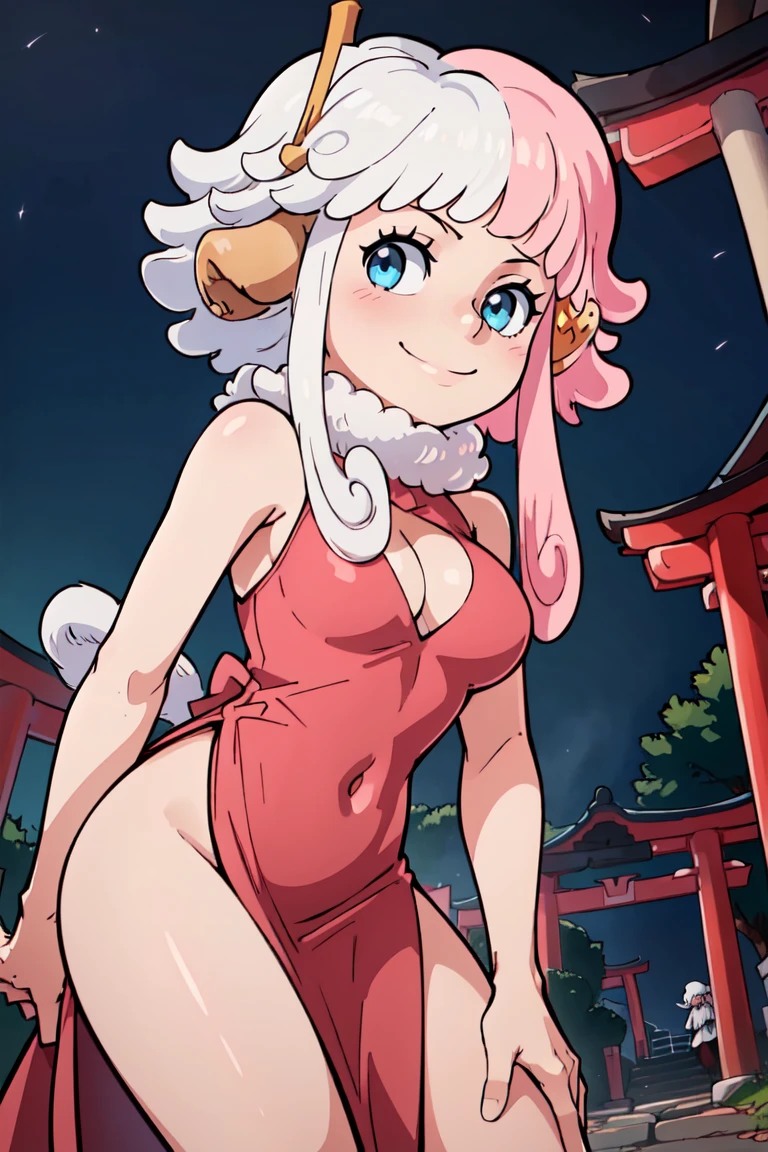 ((masterpiece,best quality)), <lora:Vegapunk_Atlas:0.8> Vegapunk_Atlas, solo, 1girl, blue eyes, multicolored hair, split color hair, pink hair, white hair, fur trim, solo, smile, looking at viewer, cowboy shot, china dress, pelvic curtain, side slit, double bun, bun cover, cleavage cutout, sleeveless, print dress, covered navel, no panties, outdoors, night, torii, shrine, east asian architecture, leaning forward, hand on own thigh, from above, smile,