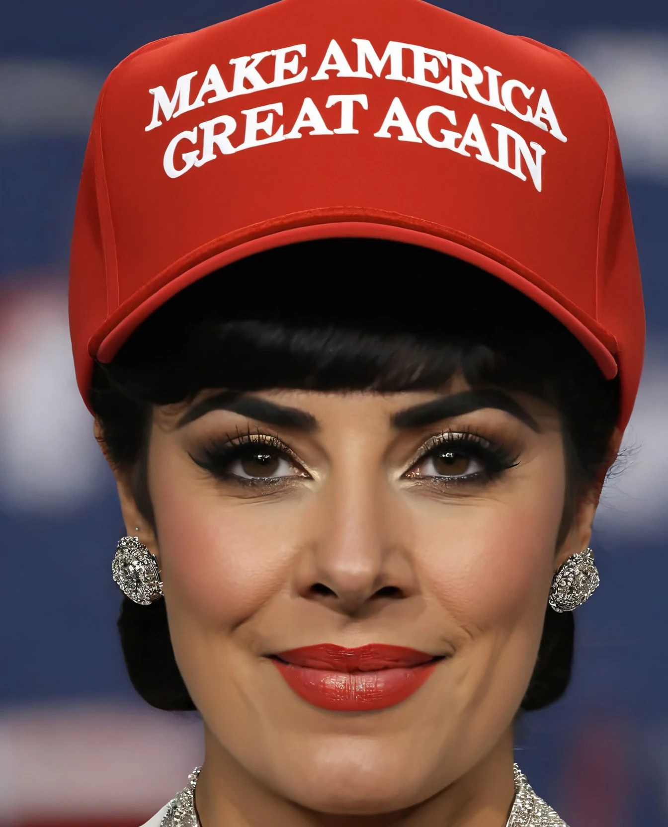 woman wearing red maga hat. centered. Cleopatra. looking at viewer. text "make america great again". epic. highres. detailed. realistic. hat focus. best quality. masterpiece.([:hat with text "make america great again":0.25]:1.1). <lora:maga_hat_optimized:1>