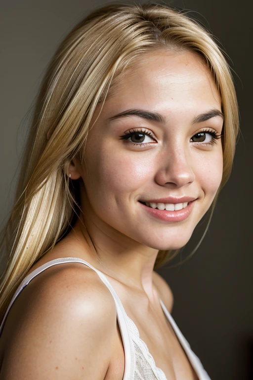 RAW photo of woman, (headshot:1.1) portrait on a black plain background, (smile, happy:1.1), sharp focus, best quality, extremely detailed). BREAK c1ndy-001, blonde hair, brown eyes. fcHeatPortrait
