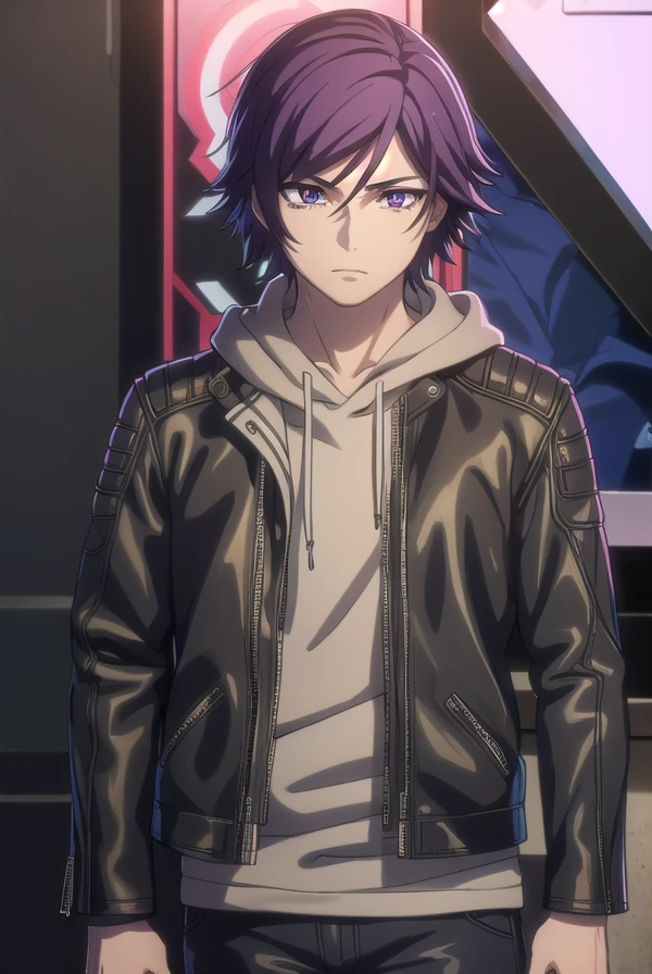 akudamacourier, <lora:akudama courier s1-lora-nochekaiser:1>,
courier, short hair, bangs, purple hair, male focus, (purple eyes:1.1),
BREAK jacket, open clothes, pants, hood, open jacket, black jacket, hoodie, black pants, hood down,
BREAK outdoors, city,
BREAK looking at viewer, (cowboy shot:1.5),
BREAK <lyco:GoodHands-beta2:1>, (masterpiece:1.2), best quality, high resolution, unity 8k wallpaper, (illustration:0.8), (beautiful detailed eyes:1.6), extremely detailed face, perfect lighting, extremely detailed CG, (perfect hands, perfect anatomy),