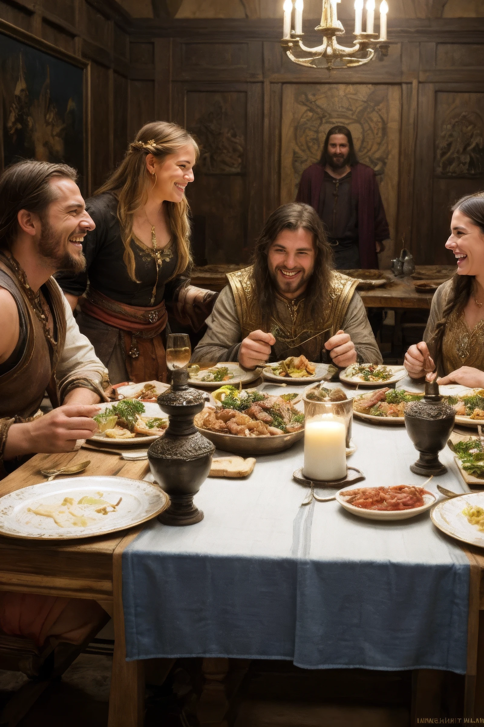 vikings feasting in the halls of Odin, (painting by gaston bussiere, greg rutkowski, ilya repin, Josef von Brandt, oil on canvas, trending on artstation, featured on pixiv, cinematic composition, extreme detail, metahuman creator, epic background), ((happy smiles, laughing)), viking warriors eating and drinking, exquisite clothing detail, dining table, ale and meat, close up